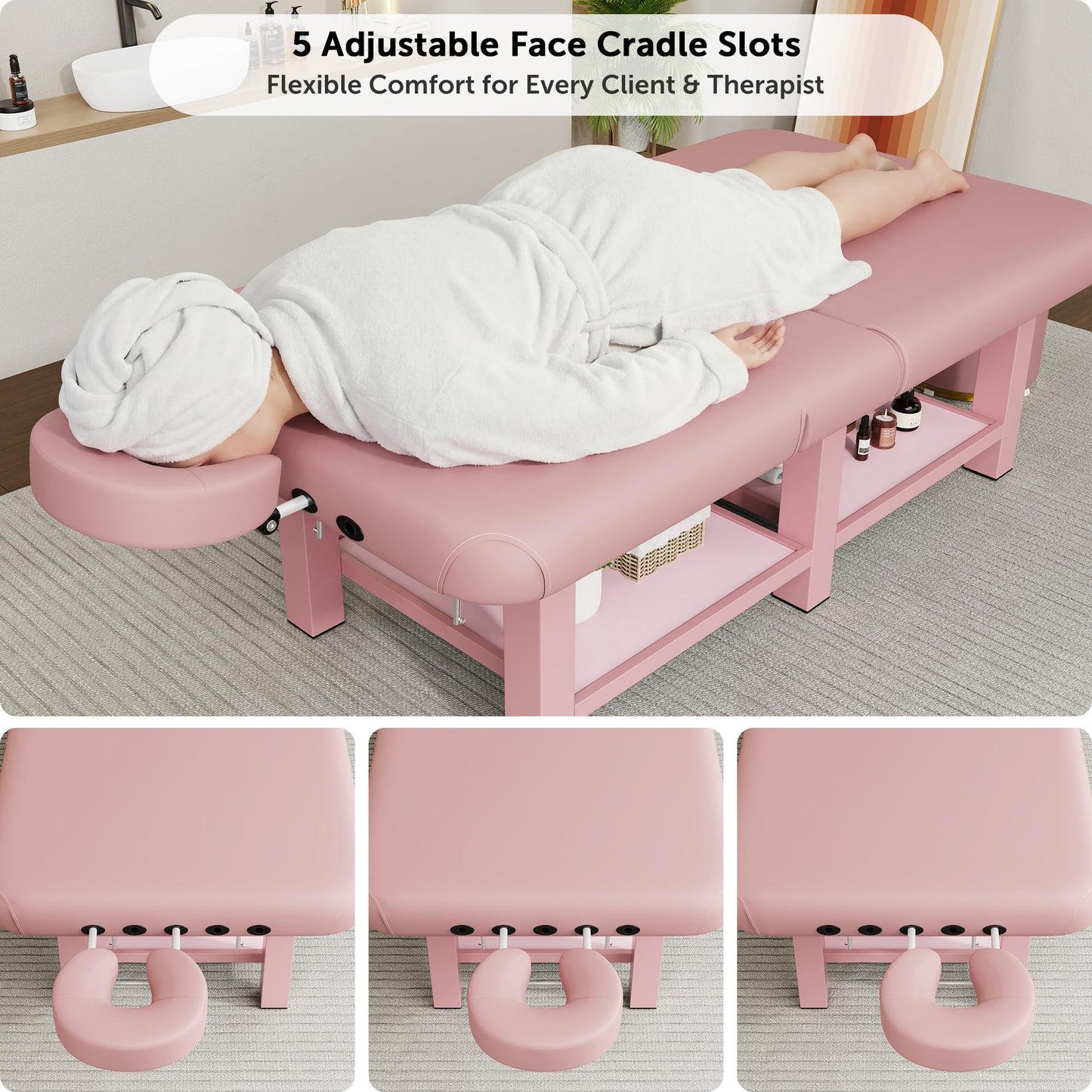 Extra Large 40in Width × 80in Length Folding Stationary Massage Table with Adjustable Backrest, Heavy-Duty Metal Frame for Spa, Physical Therapy, Tattoo, Medical Exam Use, Big-Boned Person - Pink