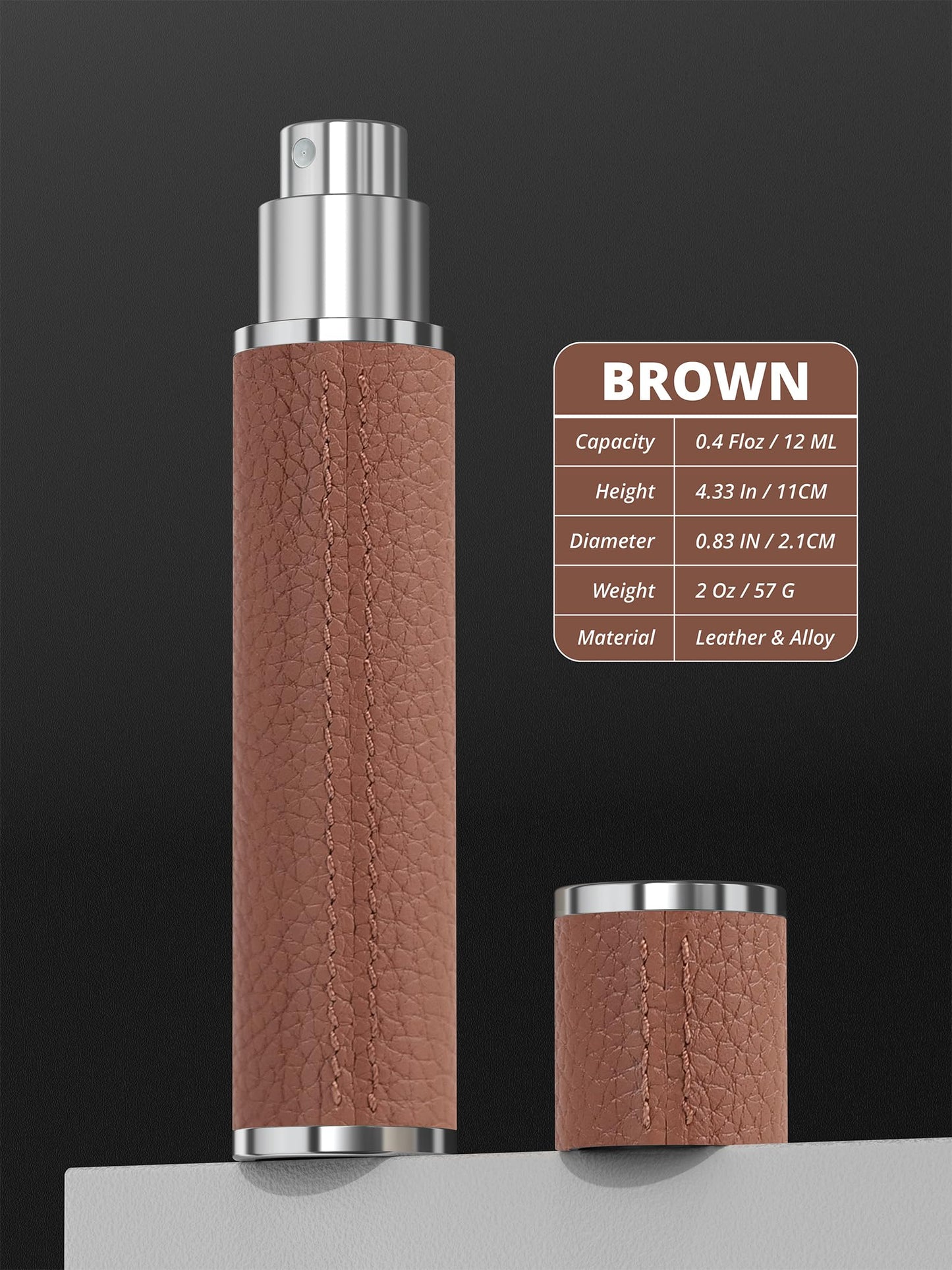 FENHON 12ml Genuine Leather Perfume Atomizer Refillable, Portable Mini Cologne Sprayer with Magnetic Cap & 3 Refill Tools, Luxury Travel Size Fragrance Spray Bottle for Men & Women (Browm)
