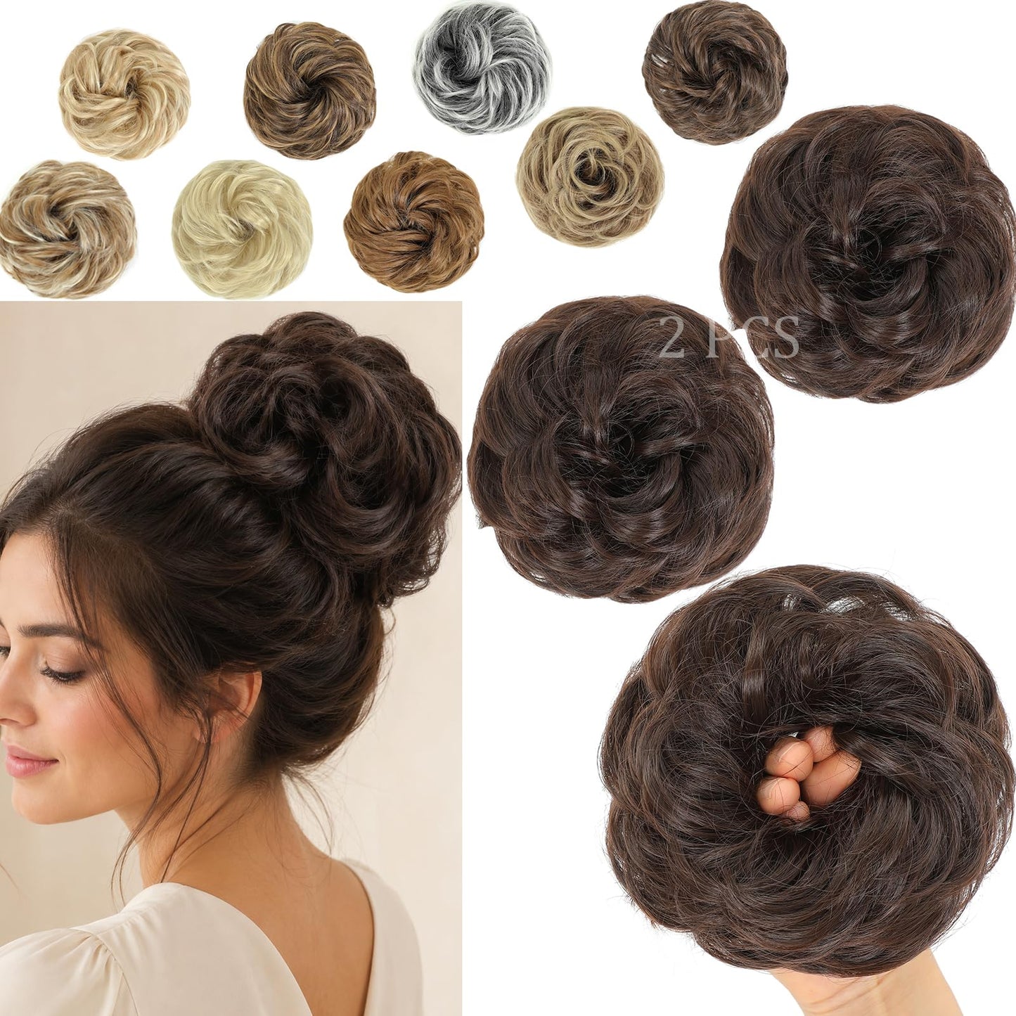 Amchoice Messy Bun Hair Piece 2 Pcs Elastic Wavy Curly Bun Hair Pieces for Women Instant Volume Lightweight Synthetic Chignon Hairpieces for Girls Daily Wear Party Travel(Medium Brown)