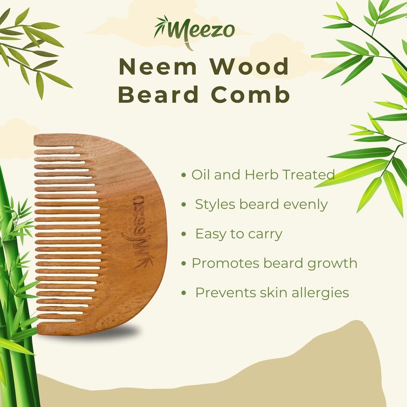 Meezo Neem Wood Beard Comb – Handmade Wooden Comb for Beard & Mustache – Anti‑Static, Eco‑Friendly, Pocket Size, Durable Grooming Tool for Men