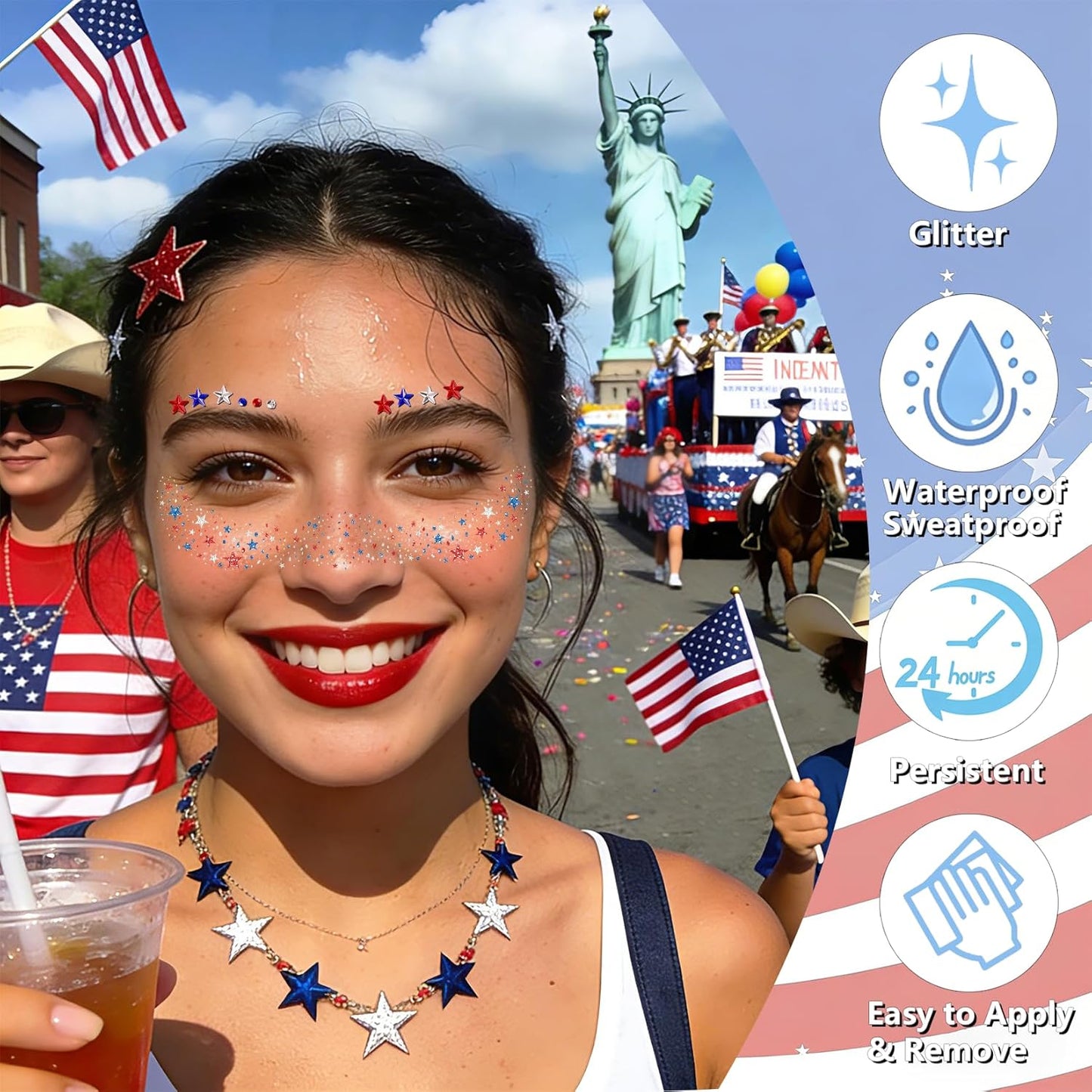 Patriotic 4th of July Face Gems - 10 Pcs Red, White & Blue Glitter Freckles for Women & Kids | USA Face Stickers