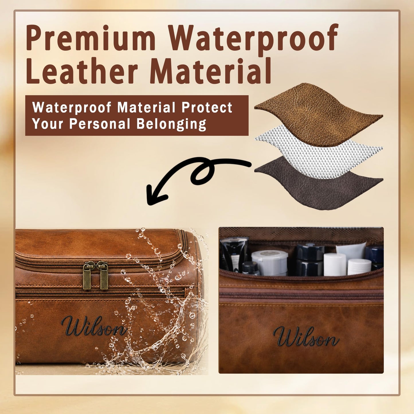Personalized Toiletry Bag for Dad, Custom Embroidery with Name Letter PU Leather Waterproof Toiletry Organizer Dopp Kit Travel Essential for Men Husband Groomsmen Father's Day Anniversary (Coffee)