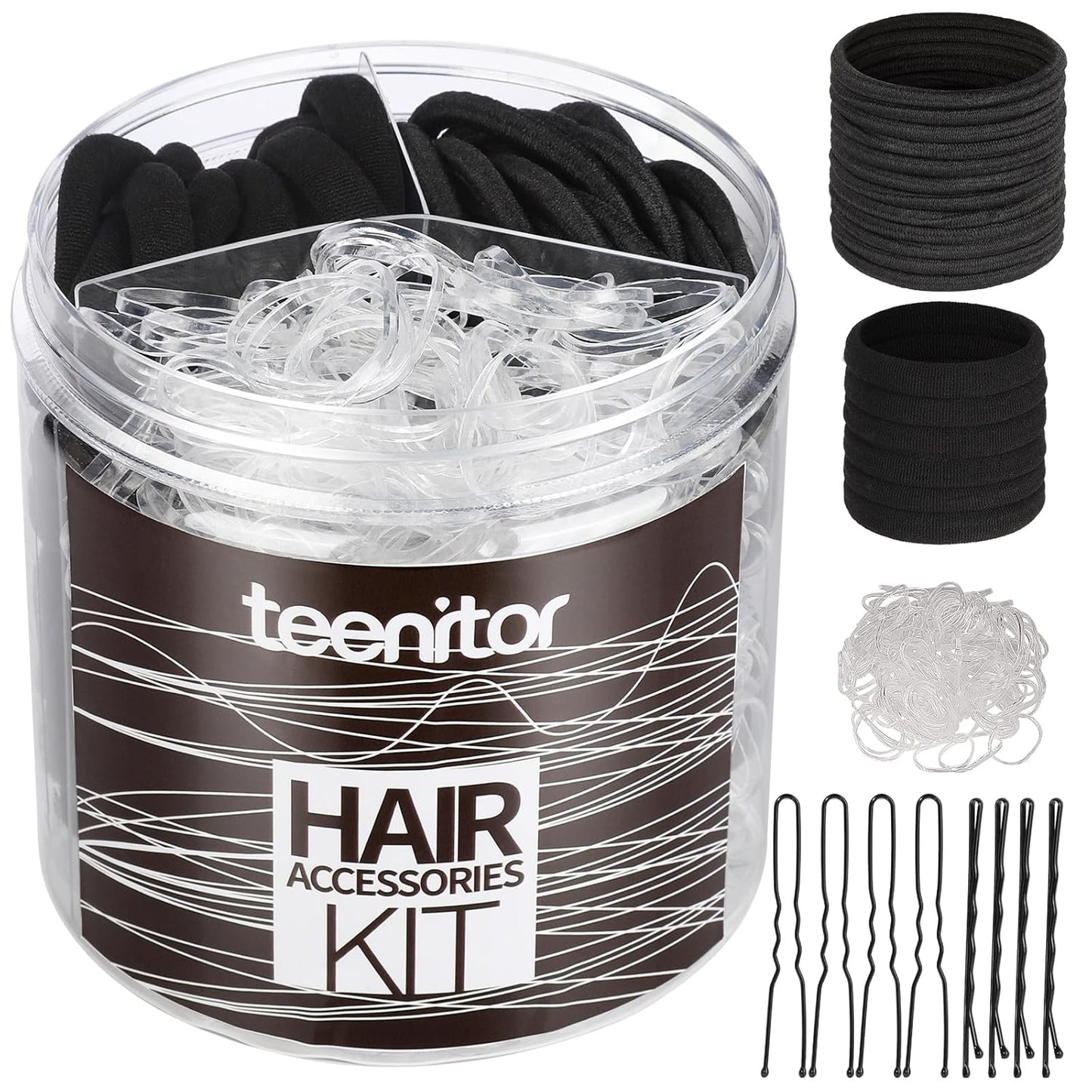 Teenitor Hair Accessories Kit - 500pcs Elastic Hair Bands & Ponytail Holders | Black Seamless Thick Bands & Bobby Pins