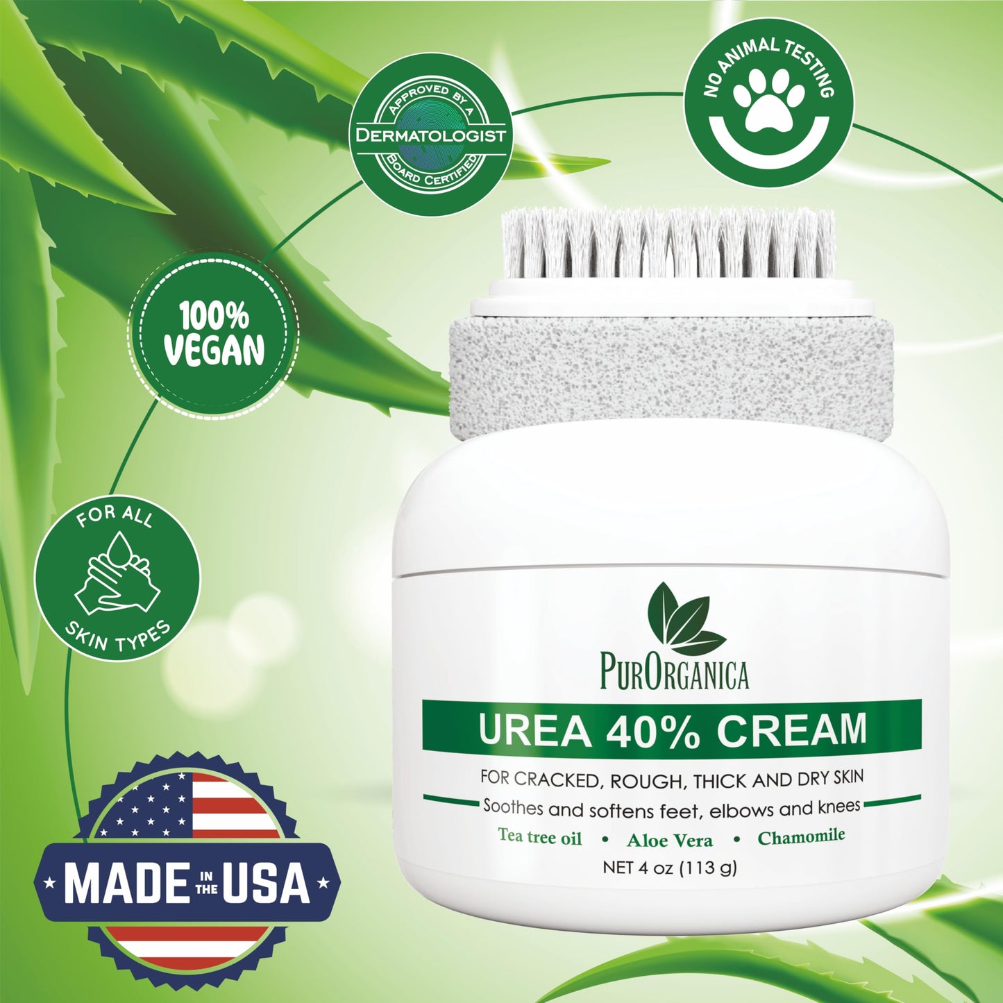 PurOrganica Urea 40% Foot Cream - Made in USA - Callus Remover - Moisturizes & Rehydrates Thick, Cracked, Rough, Dead & Dry Skin - For Feet, Elbows and Hands - With Pumice Stone and Brush