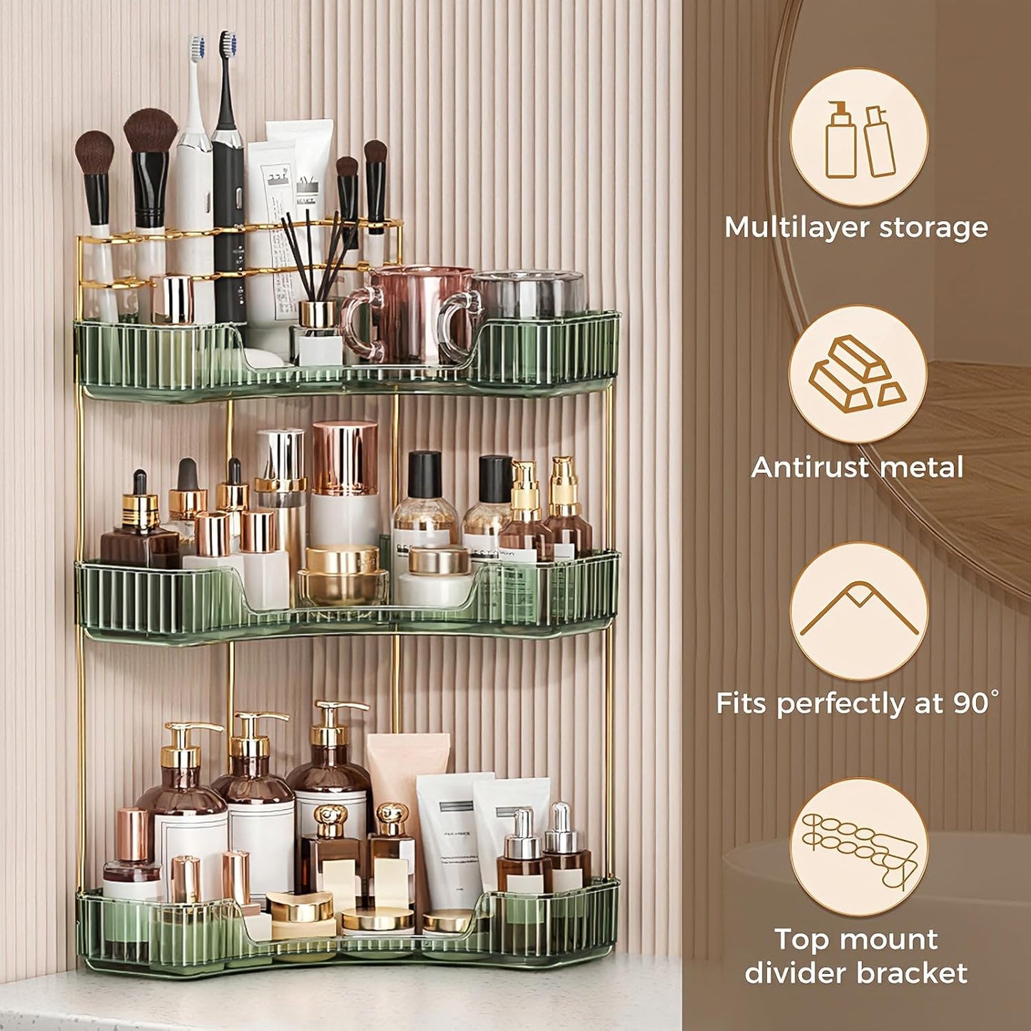 Corner Bathroom Counter Organizer - 3-Tier Makeup & Skincare Storage | Green Vanity Organizer