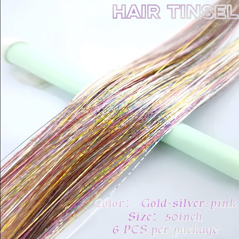 Hair Tinsel Kit - 48 Inch Holographic Glitter Strands for Party & Cosplay | Heat Resistant Gold, Silver & Pink