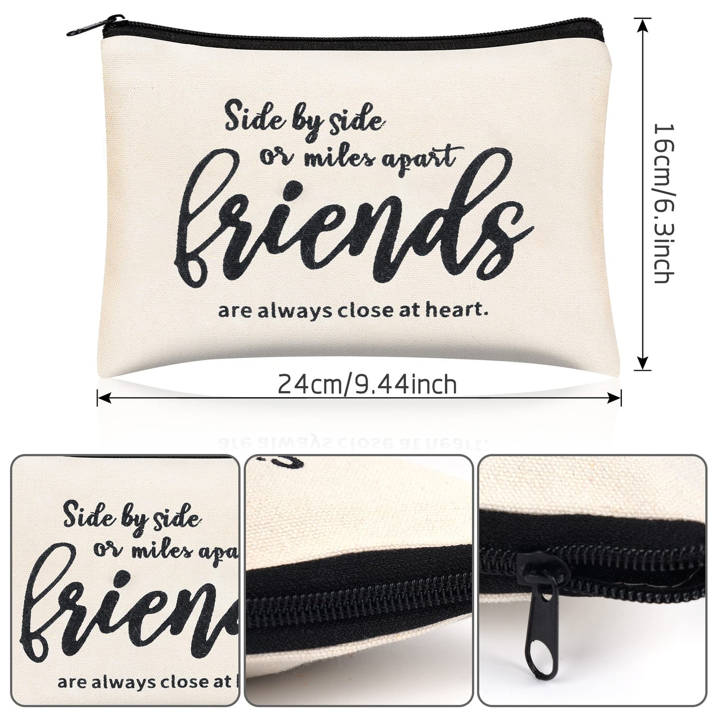 Kolewo4ever 12pc Friend Appreciation Gift Set: 6 Cosmetic Bags & 6 Keychains, White, Letter Print, Zipper Closure, Lightweight, Easy to Clean, Durable, Women Adults, Gift, Travel, Organization