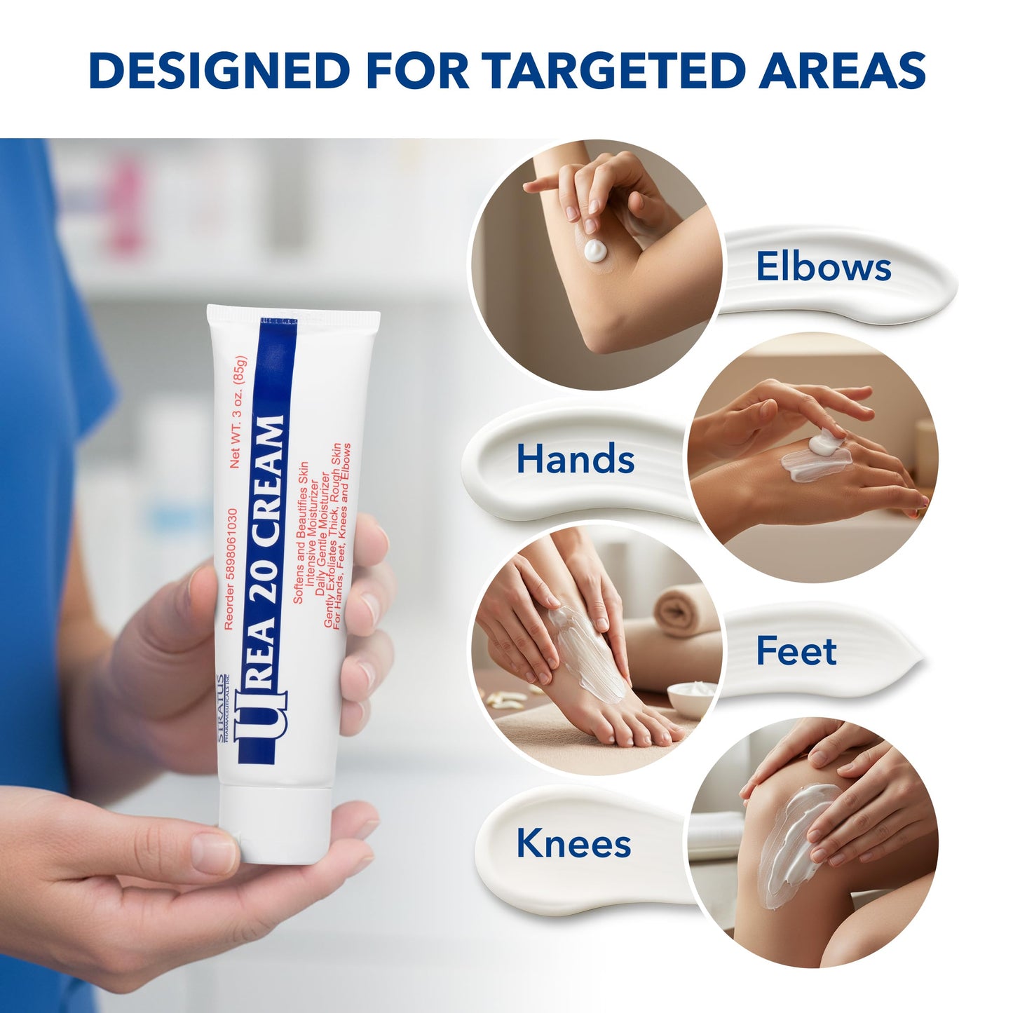 STRATUS PHARMACEUTICALS Urea 20% Cream with Vitamin E for Severe Dry, Rough and Scaly Skin, Intense Moisturizer and Gentle Exfoliator for Hands, Feet, Elbows and Knees Inc, 3 oz