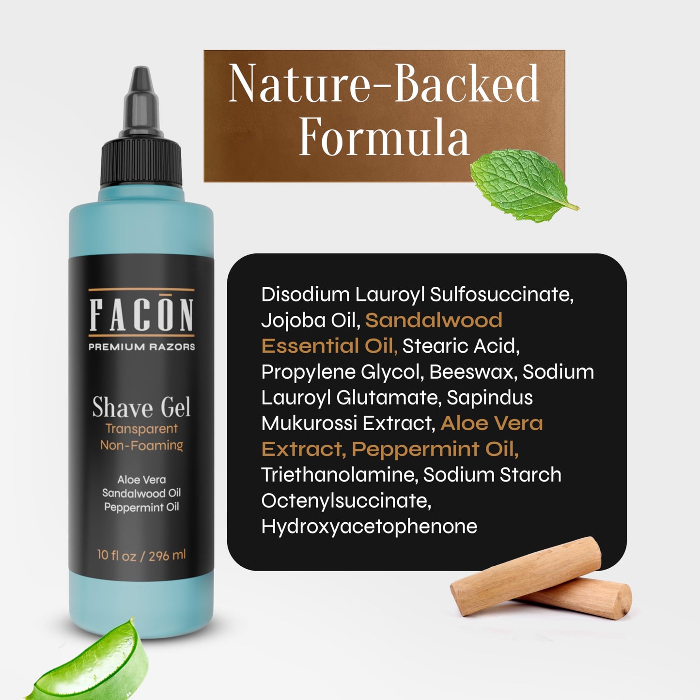 Facón Transparent Shaving Gel for Men w/Aloe Vera, Cooling Menthol, Peppermint & Sandalwood Oil Scent – Clear Non Foaming Straight Razor Shave Gel, Barber Shaving Gel to Prevent Razor Bumps, 10 fl oz