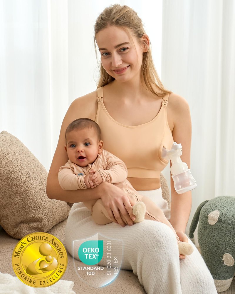 Momcozy Pumping Bra Hands Free, Pumping and Nursing Bra in One Holding Breast Pump for Spectra, Lansinoh, Medela, Black,Grey,skin-3pk, X-Large