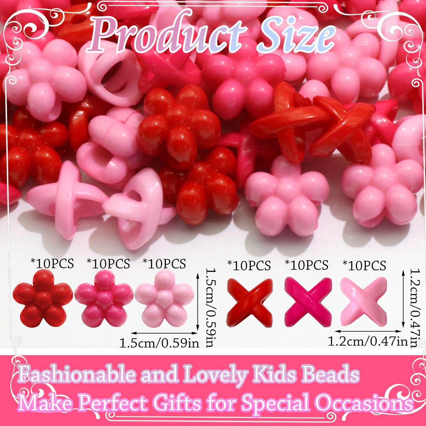 NAISKA 60PCS Pink Hair Beads for Braids Hot Pink Bead Loc Dreadlock Jewelry Multi-style Large Hole Beads Cute Flower Valentine's Day Hair Accessories for Kids Girls