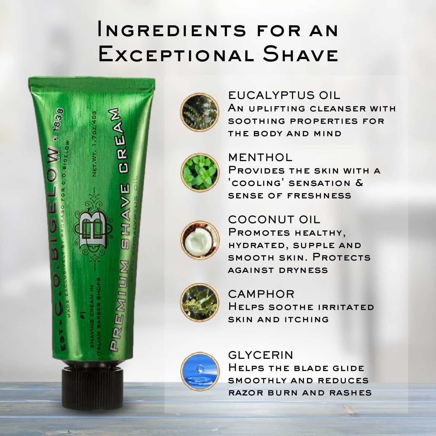 C.O. Bigelow Travel Shaving Cream for Men, Moisturizing Shave Cream with Eucalyptus and Coconut Oil, Shaving Cream Mens Skin Care and Travel Size Toiletries, 1.7oz, Pack of 1