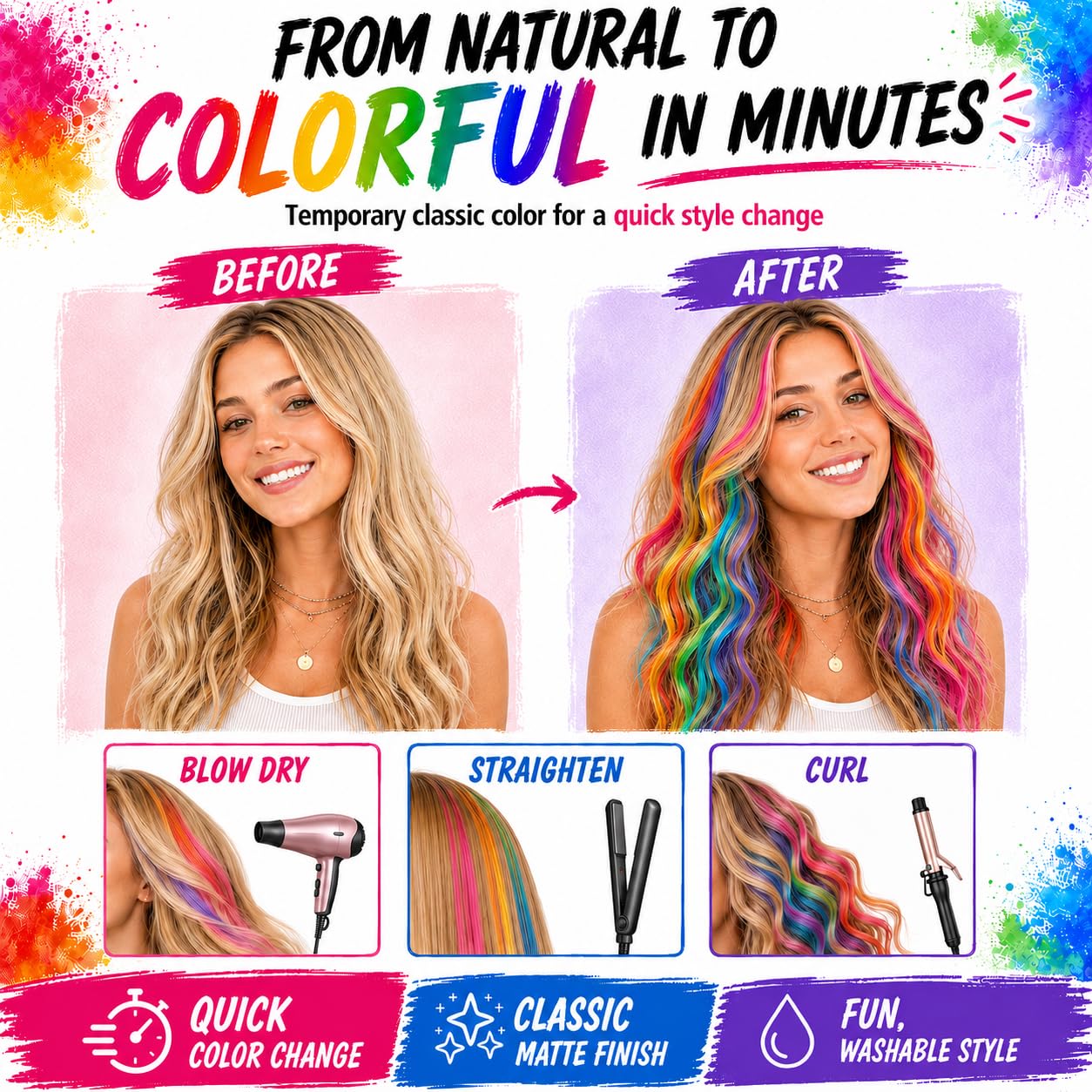 Dustless Hair Chalk for Girls - Washable Temporary Hair Color | Fun Makeup Kit for Teens & Adults