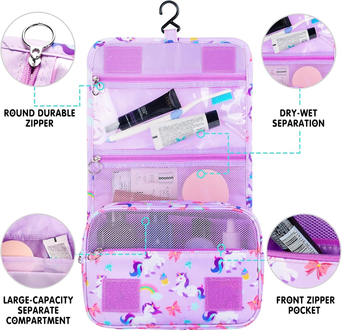 Kids Hanging Toiletry Bag - Waterproof Travel Makeup Organizer for Girls | Unicorn Purple
