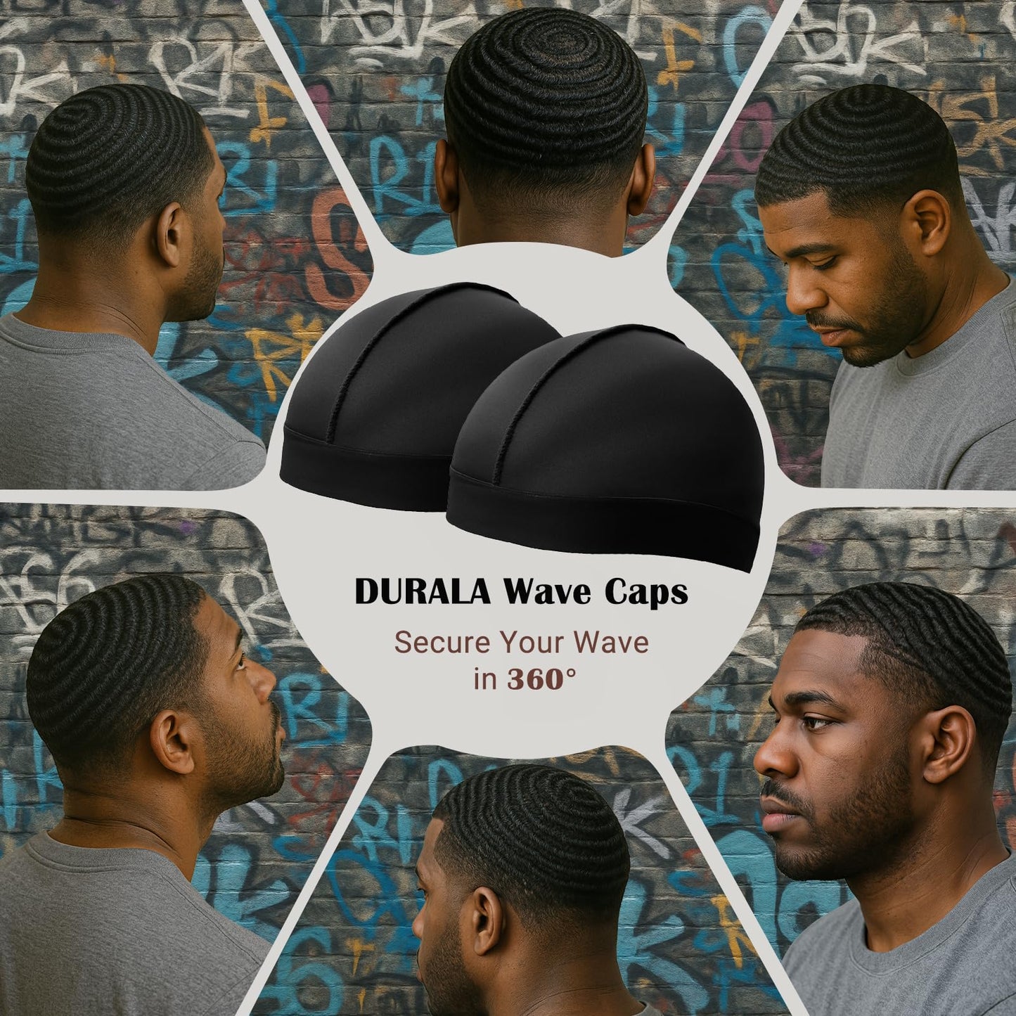 DURALA Adjustable Wave Caps for Men, Premium Elastic Stocking Cap for 360 540 720 Wave (Black+Black)