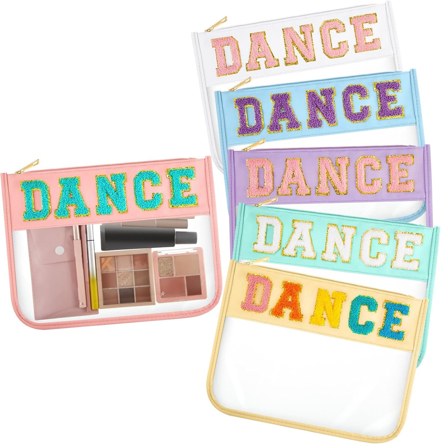 Chenille Letter Dance Patch Makeup Bags - Waterproof PVC Cosmetic Organizer | 6 Pcs Candy Color Toiletry Pouches