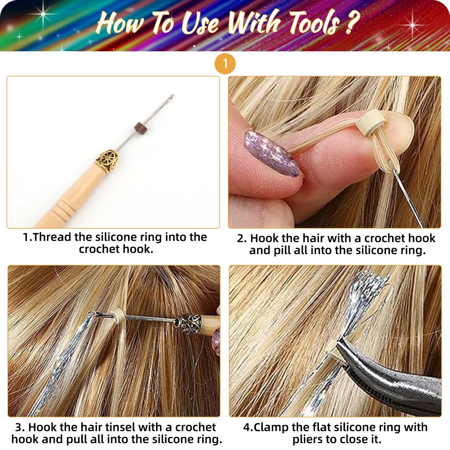 20 Colors Hair Tinsel Kit, 47 Inches 4800 Strands Glitter Tinsel Hair Extensions, Heat Resistant Fairy Hair Tinsel Kit with Tools for Girls Women Christmas New Year Halloween Cosplay Party