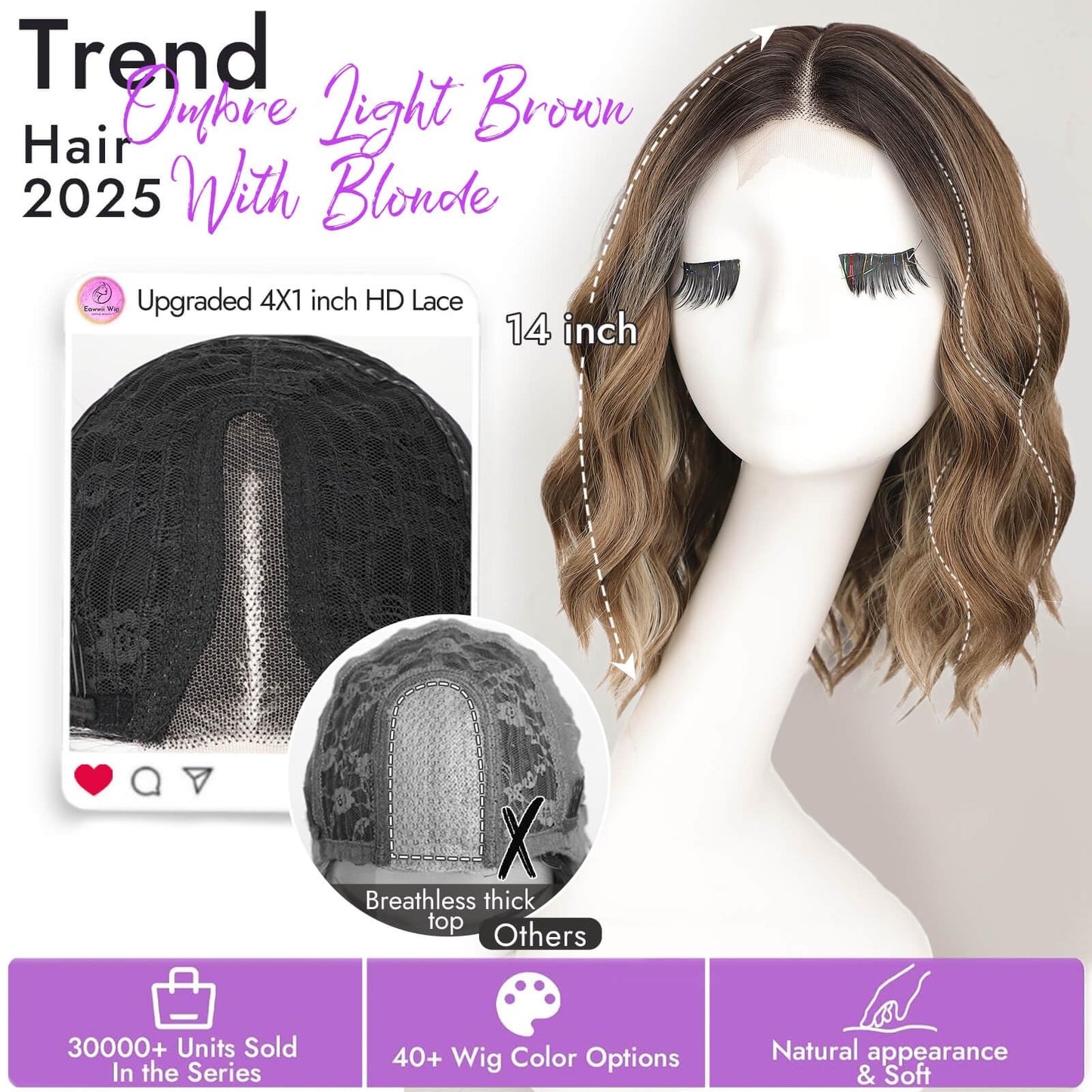 Eawwii Ombre Light Brown With Blonde Short Wavy Wig for Women Lace Hairline Bob Style Synthetic Heat Resistant - Natural Appearance for Everyday Hairstyle 14 Inch