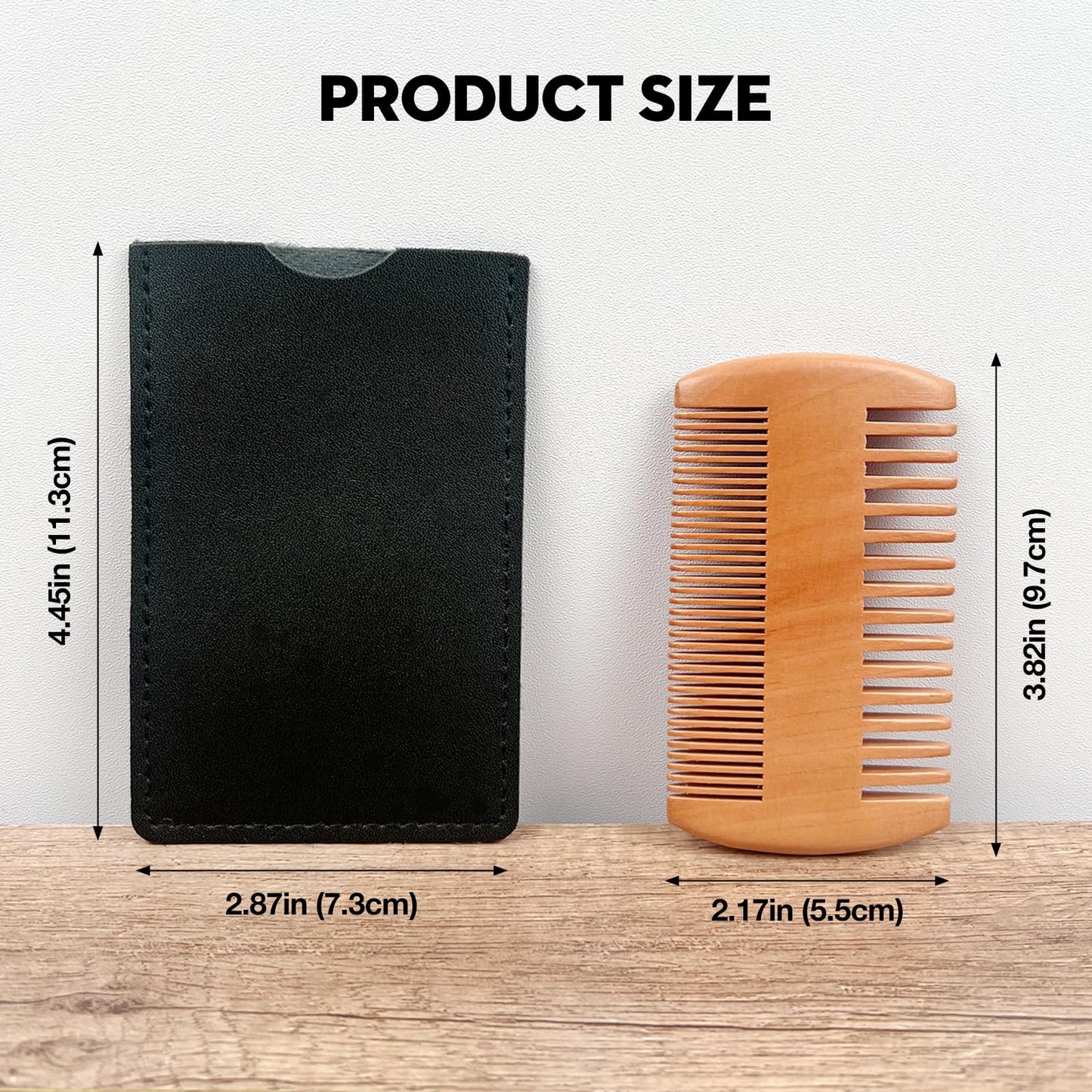 Peach Wood Beard Comb – Dual-Sided Comb for Fine & Coarse Teeth, Ideal for Beard & Mustache & Hair Grooming, with Leather Case