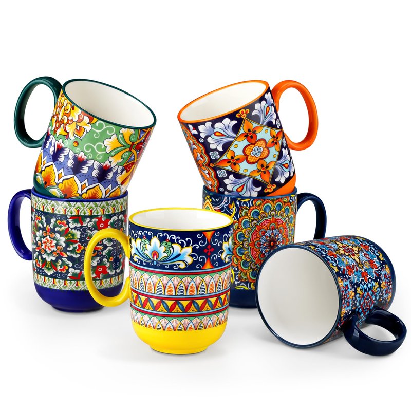 vancasso Simi Boho Coffee Mugs Set of 6, 14 oz Ceramic Mugs with Handle, Colorful Porcelain Cups Microwave Dishwasher Safe, for Latte Tea Cappuccino Cocoa Hot Chocolate