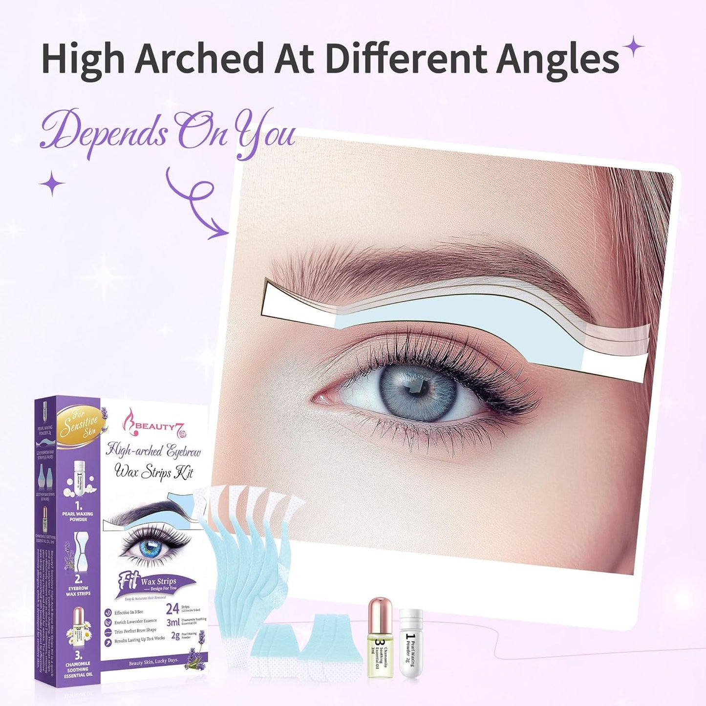 Sensitive Eyebrow Wax Strips - 24 High Arched Waxing Strips with Pearl Powder for Delicate Skin