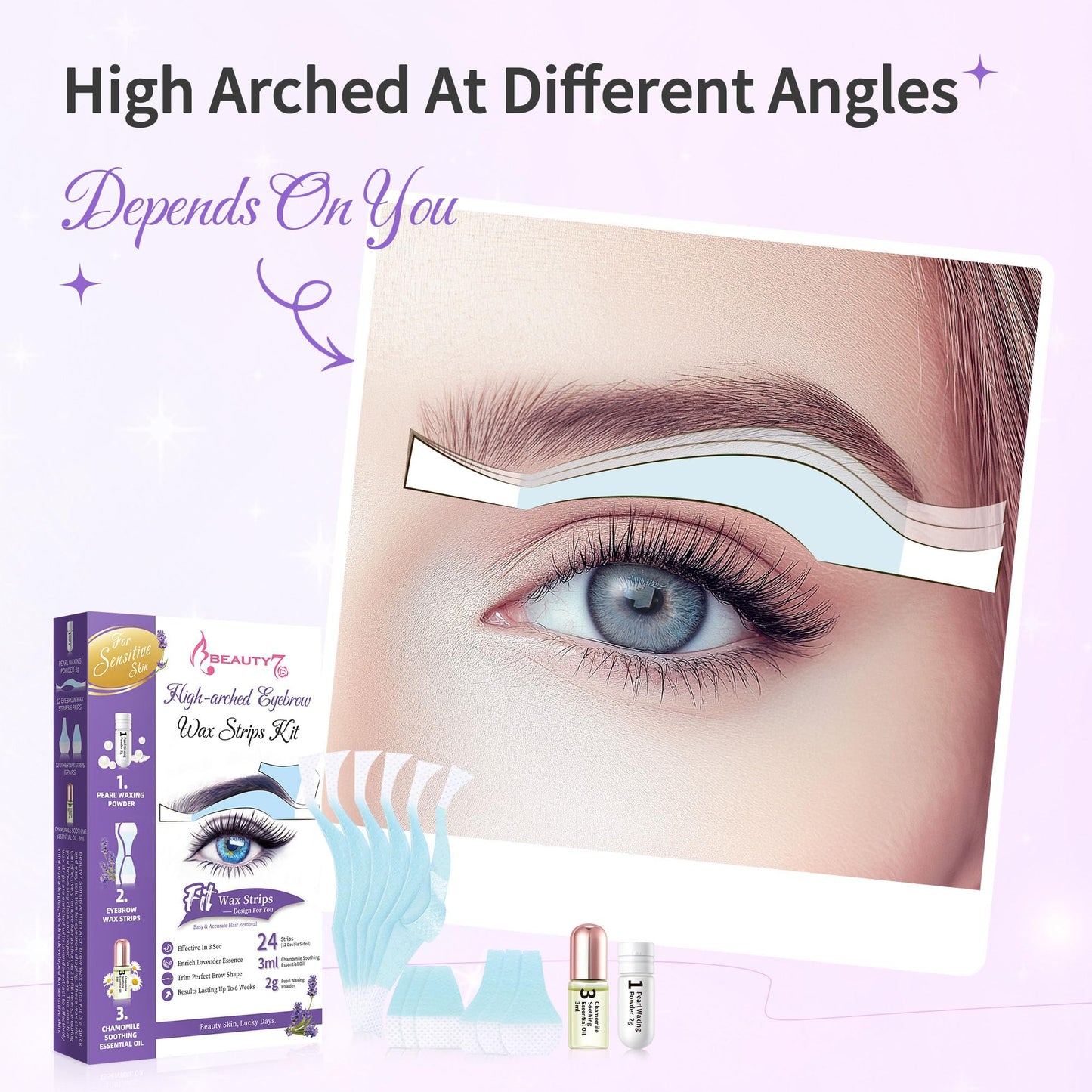 Beauty7 Sensitive High Arched Eyebrow Wax Strips, Eyebrow Waxing Strip 24 Strips with Pearl Powder Essential Oil for Sensitive Skin for Women