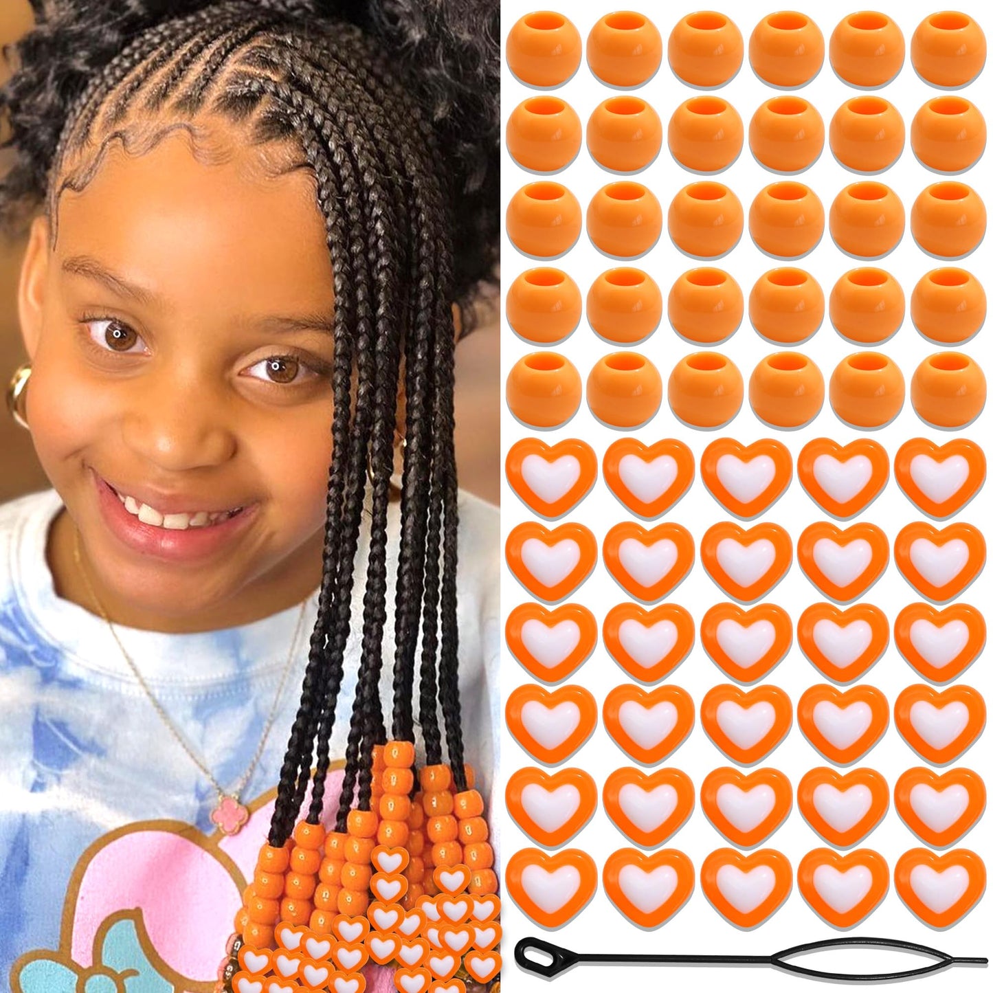 NAISKA 60PCS Orange Beads for Kids Girls Round Loc Dreadlock Beads Heart Shape Spacer Bead Acrylic Accessories for Party Decorate