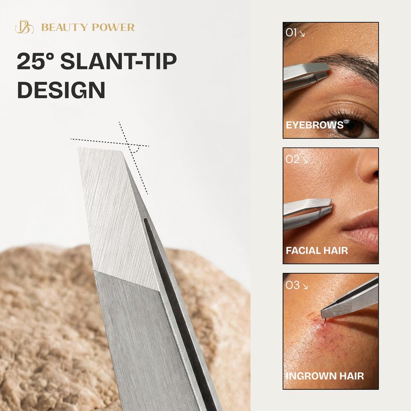 Beauty Power Professional Tweezers Set – Slant & Point, Ultra Precision German Stainless Steel Tweezers for Eyebrows, Chin, Ingrown Hair & Facial Grooming – Lightweight with Case - Gift Idea - Gold