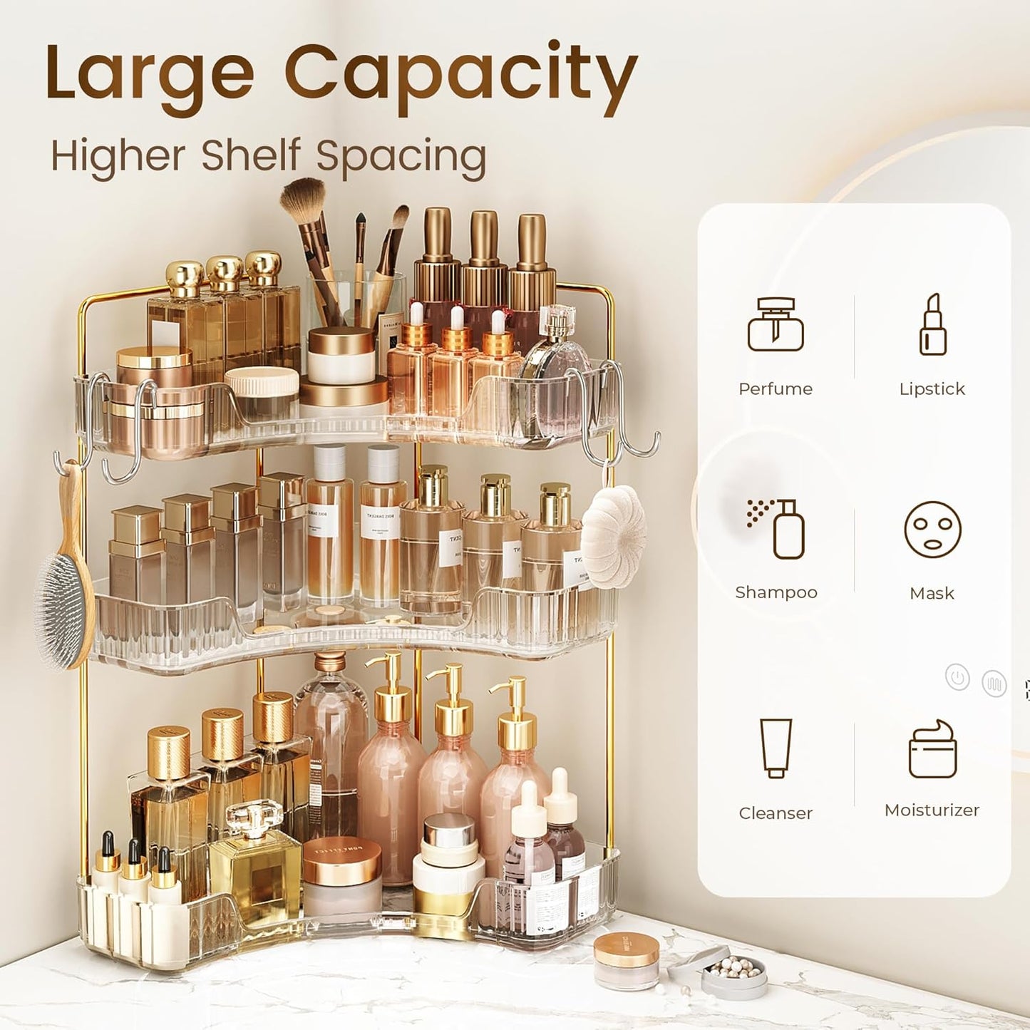 Corner Bathroom Counter Organizer - 3-Tier Storage Shelf with Hooks for Makeup & Skincare | Clear