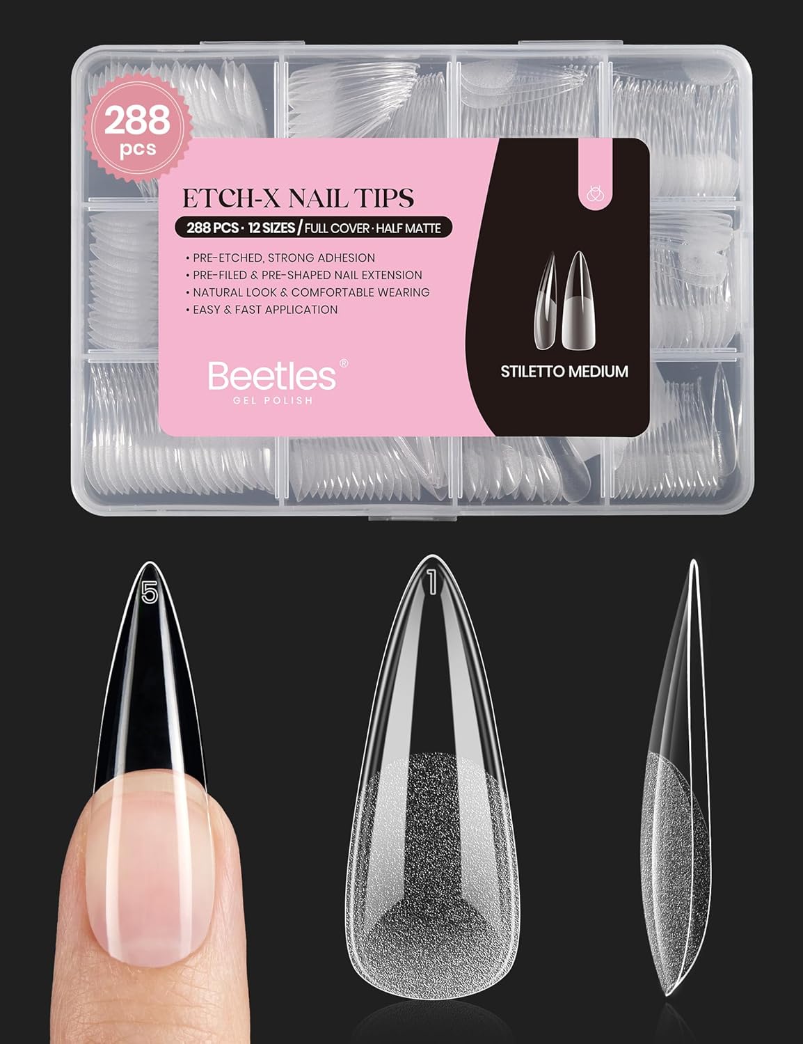 Coffin Gel Nail Tips | Medium Half Matte Press-On Nails - 288 Pcs, 12 Sizes for Easy DIY Manicure