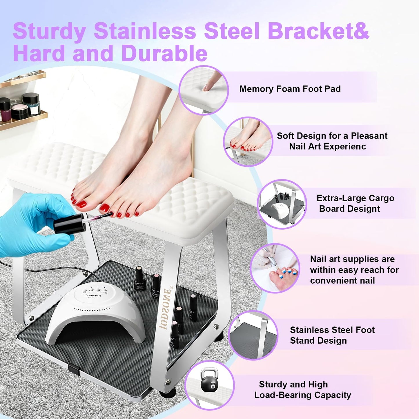 JODSONE Pedicure Foot Rest for Nails Tech with Soft Cushion,Pedicure Stool,Nail Stand,Detachable Stainless Manicure Foot Rest for Home and Salon Use Pedicure Station