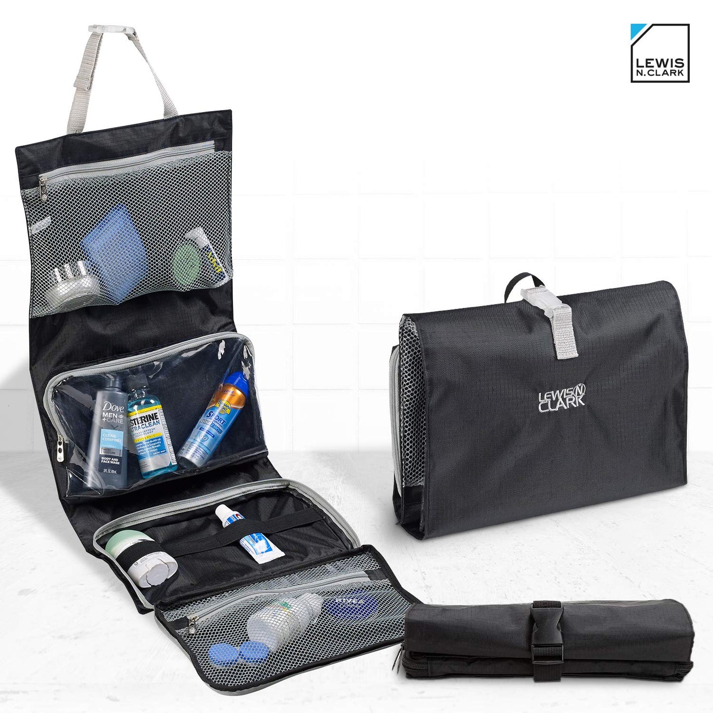 Lewis N. Clark Hanging Toiletry Bag for Travel Accessories, Shampoo, Cosmetics + Personal Items with Waterproof Compartment and Folding Design, Black
