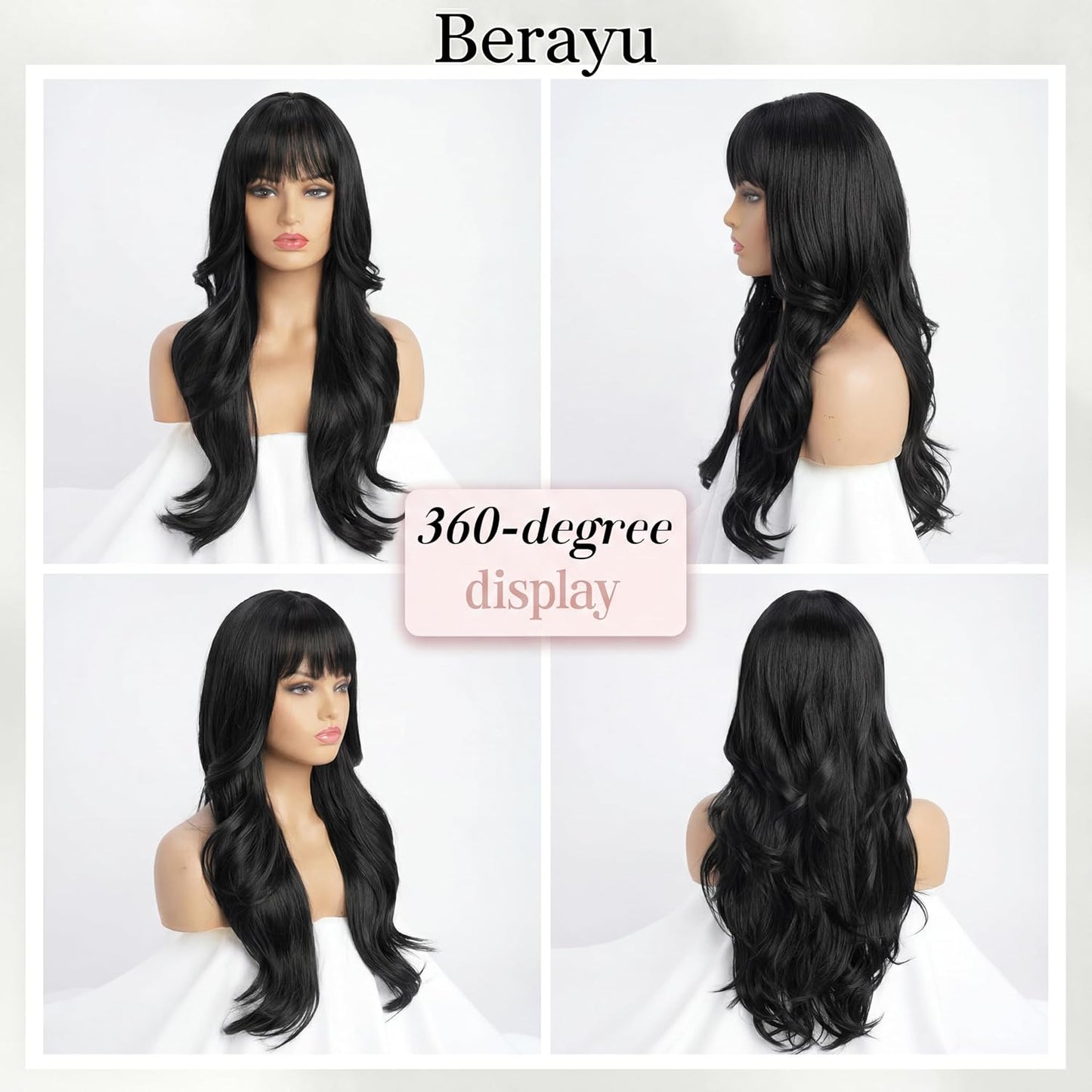 Long Black Wig with Bangs - Medium Length Wavy Layered Style | Heat Resistant Synthetic Hair (28 Inches)
