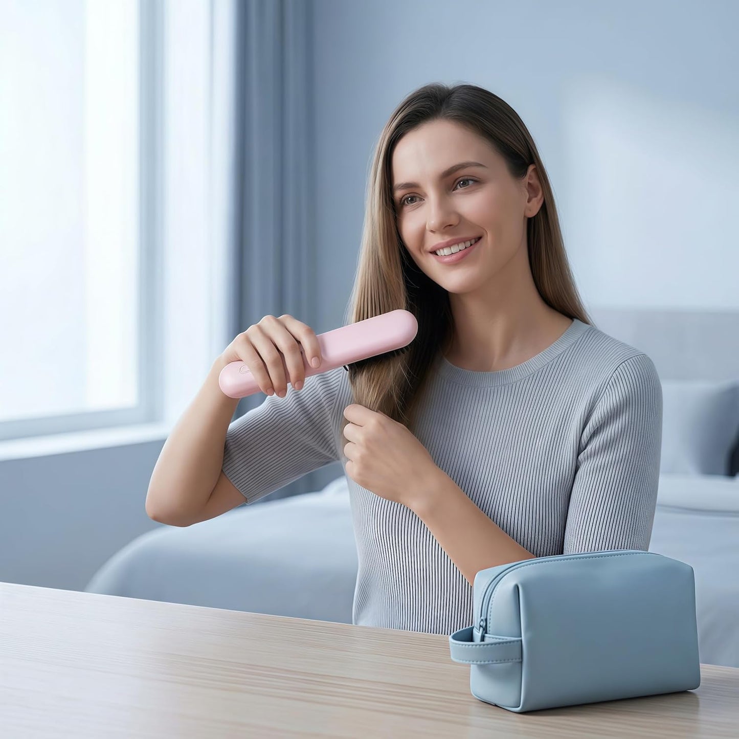Cordless Hair Straightener Brush - Anti-Frizz Ionic Straightening Comb | Portable & Rechargeable (Pink)