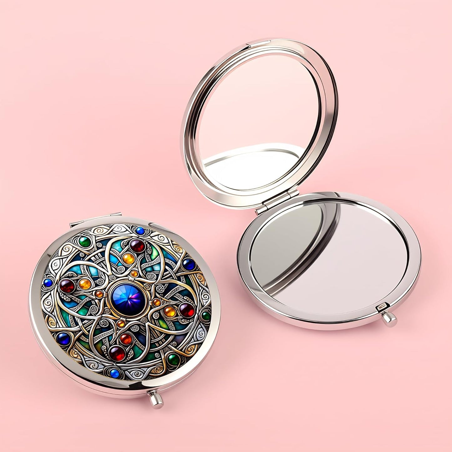Double-Sided Silver Compact Mirror - 2.8 Inch Folding Makeup Mirror with Celtic Knot Design | Perfect Gift for Women