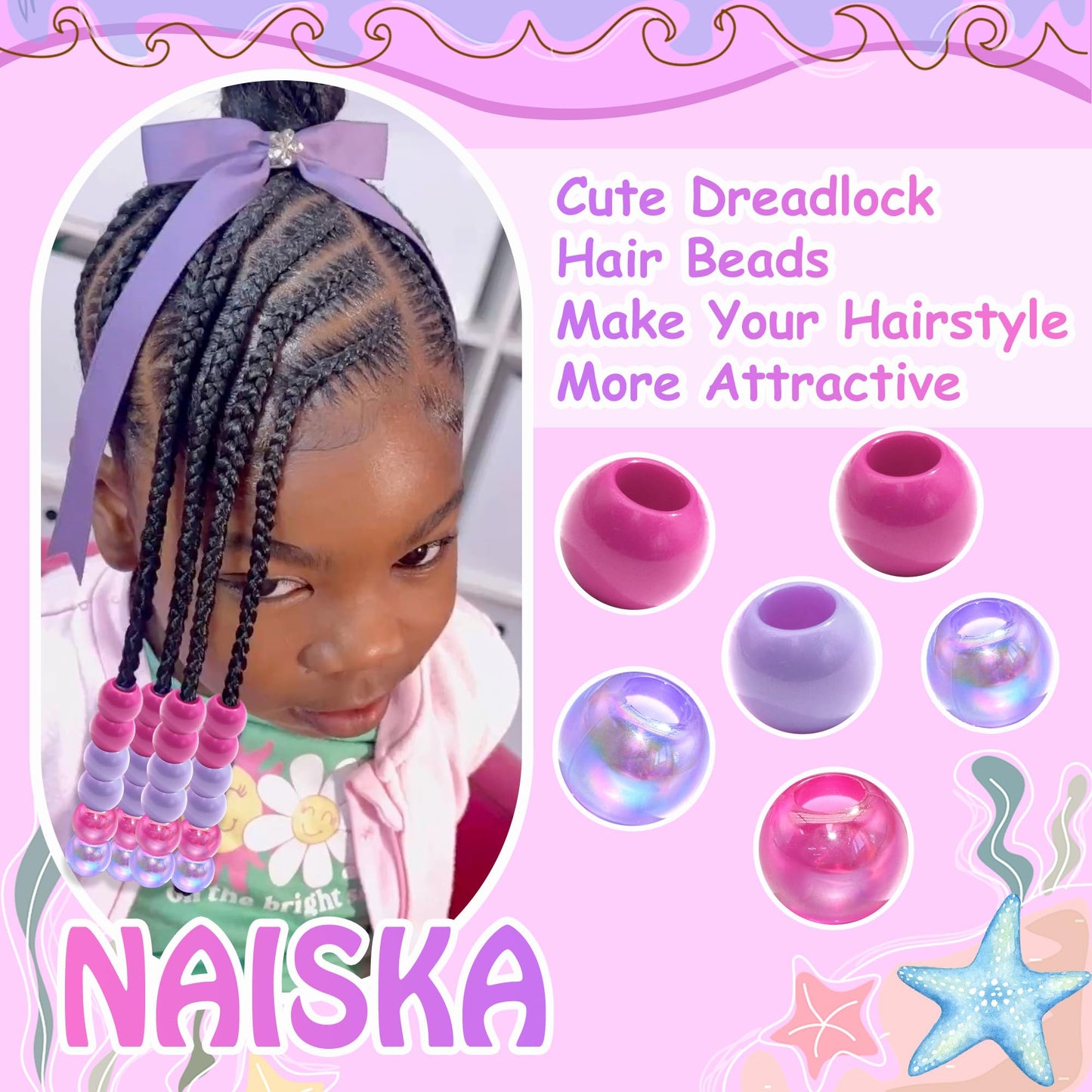 NAISKA 60PCS Purple Hair Beads Round Braids Bead Mermaid Beads for Hair Loc Jewelry Rose Red Hair Bead Dredlock Decor Braids Accessories