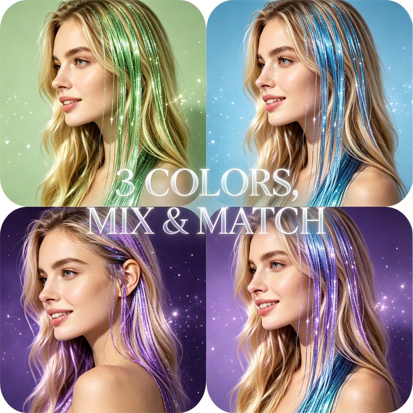 CELINABELLA Clip In Hair Tinsel 12 Pack 3 Colors Emerald Aqua Midnight Orchid 23 Inch 70 Strands Heat Resistant 320°F Invisible Light Brown Clips For Women Teens Party Festival Daily Hairstyles