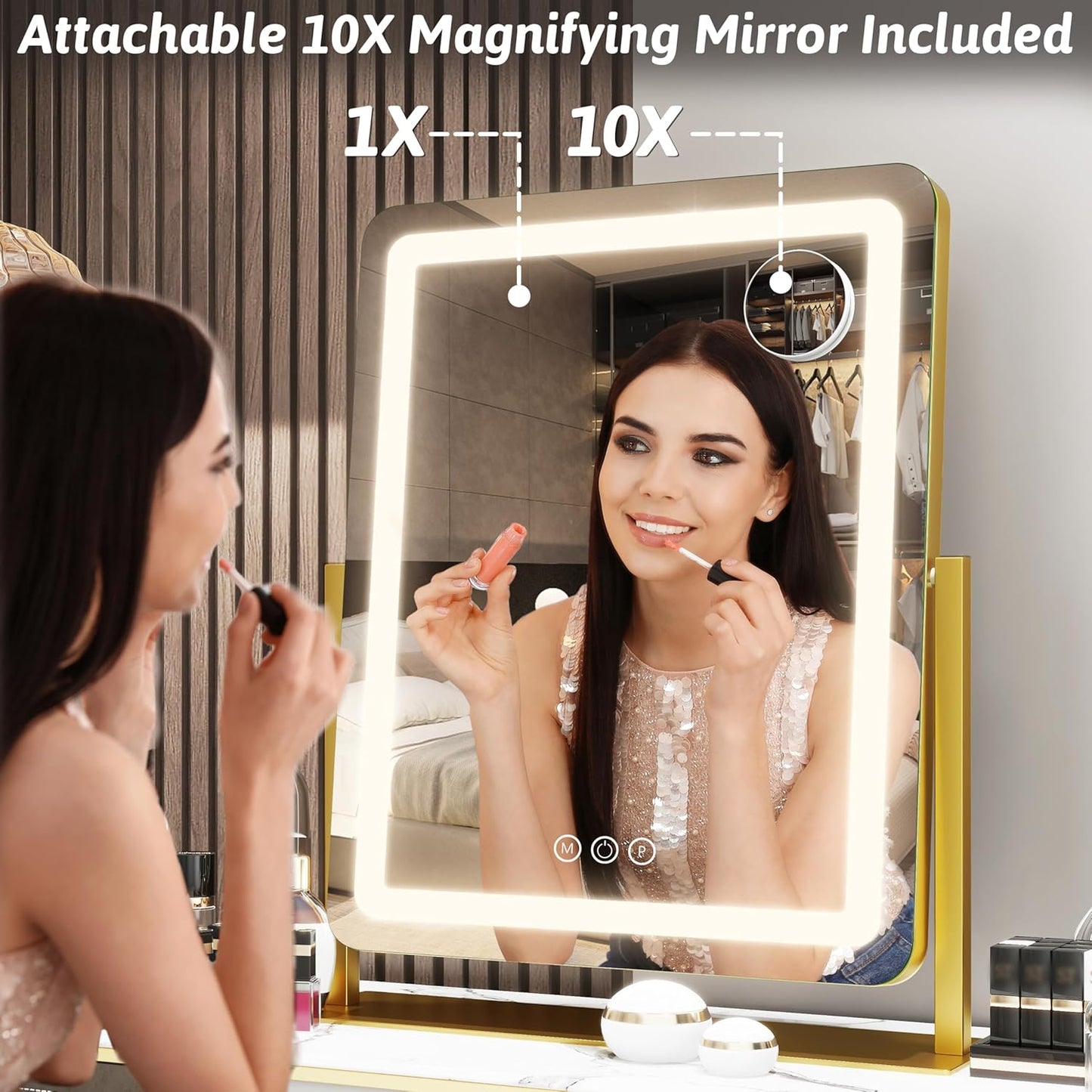 FENNIO 22-Inch LED Lighted Makeup Mirror - Dimmable Touch Screen with 3-Color Lighting | Gold Finish