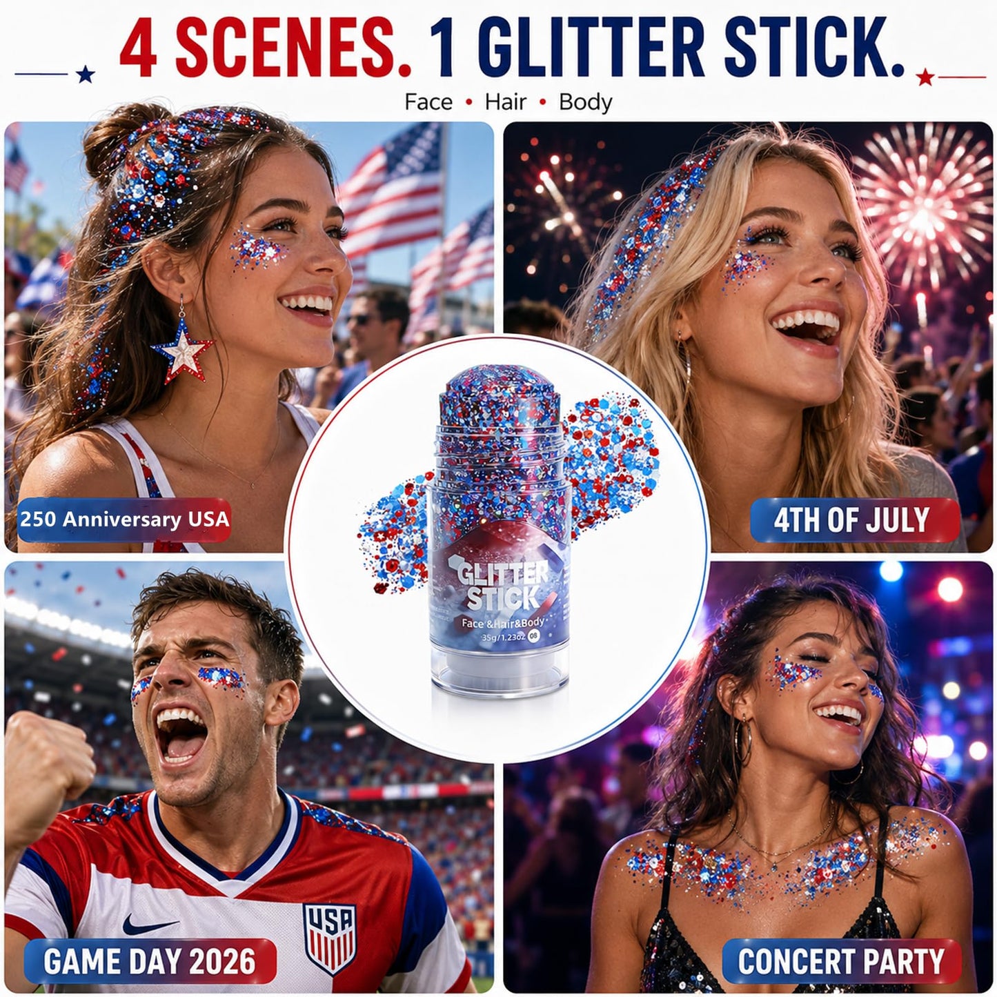 Go Ho 4th of July Glitter Stick,Patriotic Red White and Blue Face Hair Glitter,Fourth of July Accessories & Outfits Women,Sparkling USA Flag Body Glitter for Independence Day 250 Anniversary,1.23oz