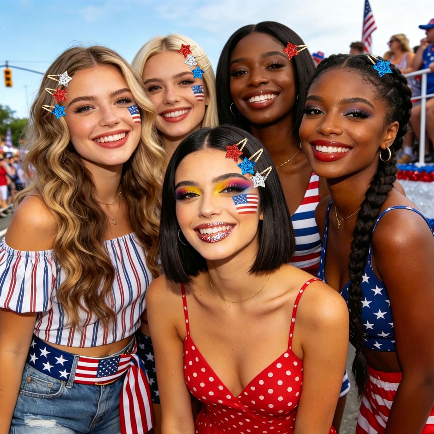 YISSION 9 Pack 4th of July Glitter Star Hair Clips, Red White Blue Patriotic Snap Barrettes, Sparkle Star Hair Accessories for Women Girls, Independence Day Memorial Day Party Hair Grips
