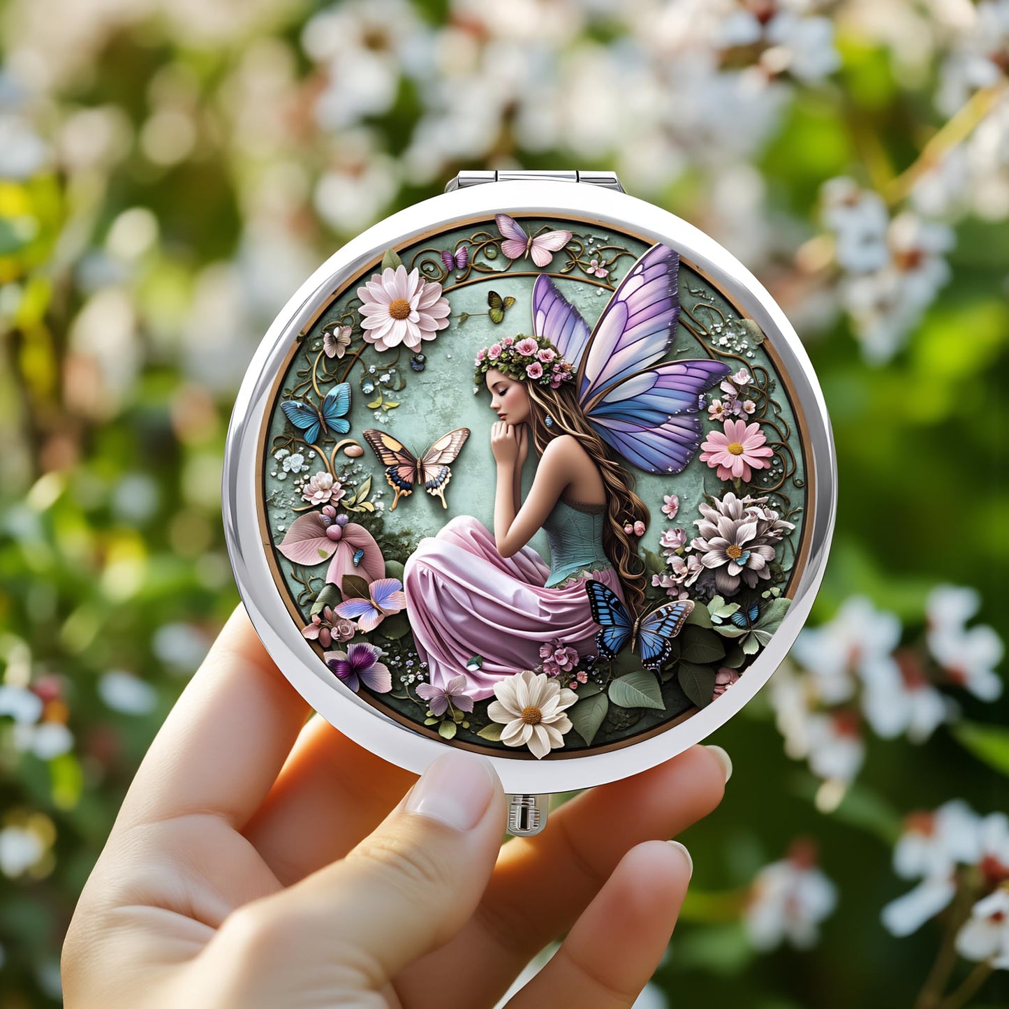 Silver Compact Mirror, 2.8x2.8inch Double-Sided Folding Makeup Mirror with Flower Fairy with Wings Design, Ideal Gift for Women