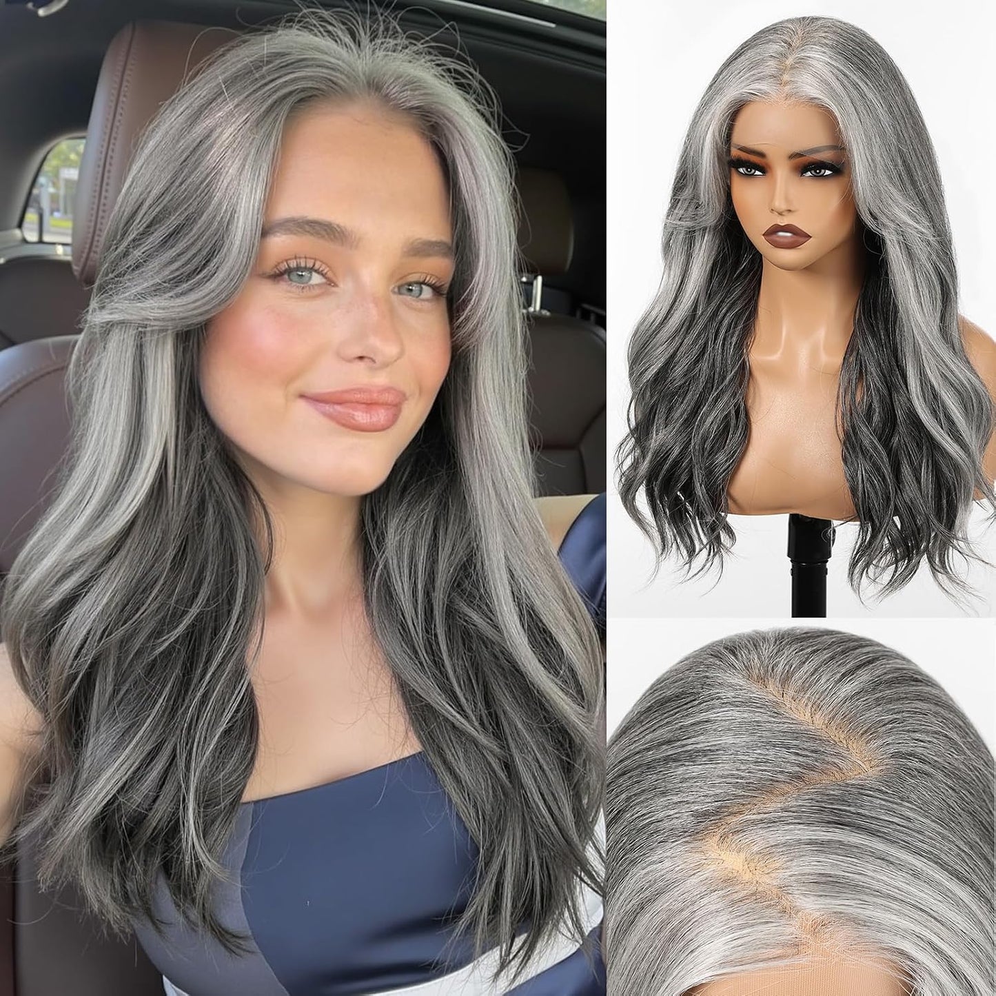 HD Lace Front Wig - 22 Inch Gray Long Wave Layered Synthetic Hair | Glueless Daily Wear for Women