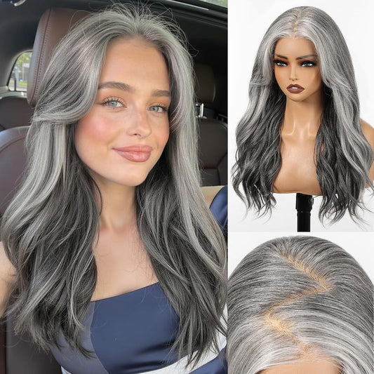 HD Lace Front Wig - 22 Inch Gray Long Wave Layered Synthetic Hair | Glueless Daily Wear for Women