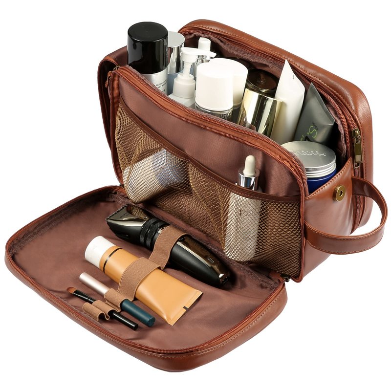 BNSPOCKET Personalized Leather Travel Toiletry Bag for Men, Large Travel Bathroom Shaving Dopp Kit, Large Cosmetic Bag Waterproof