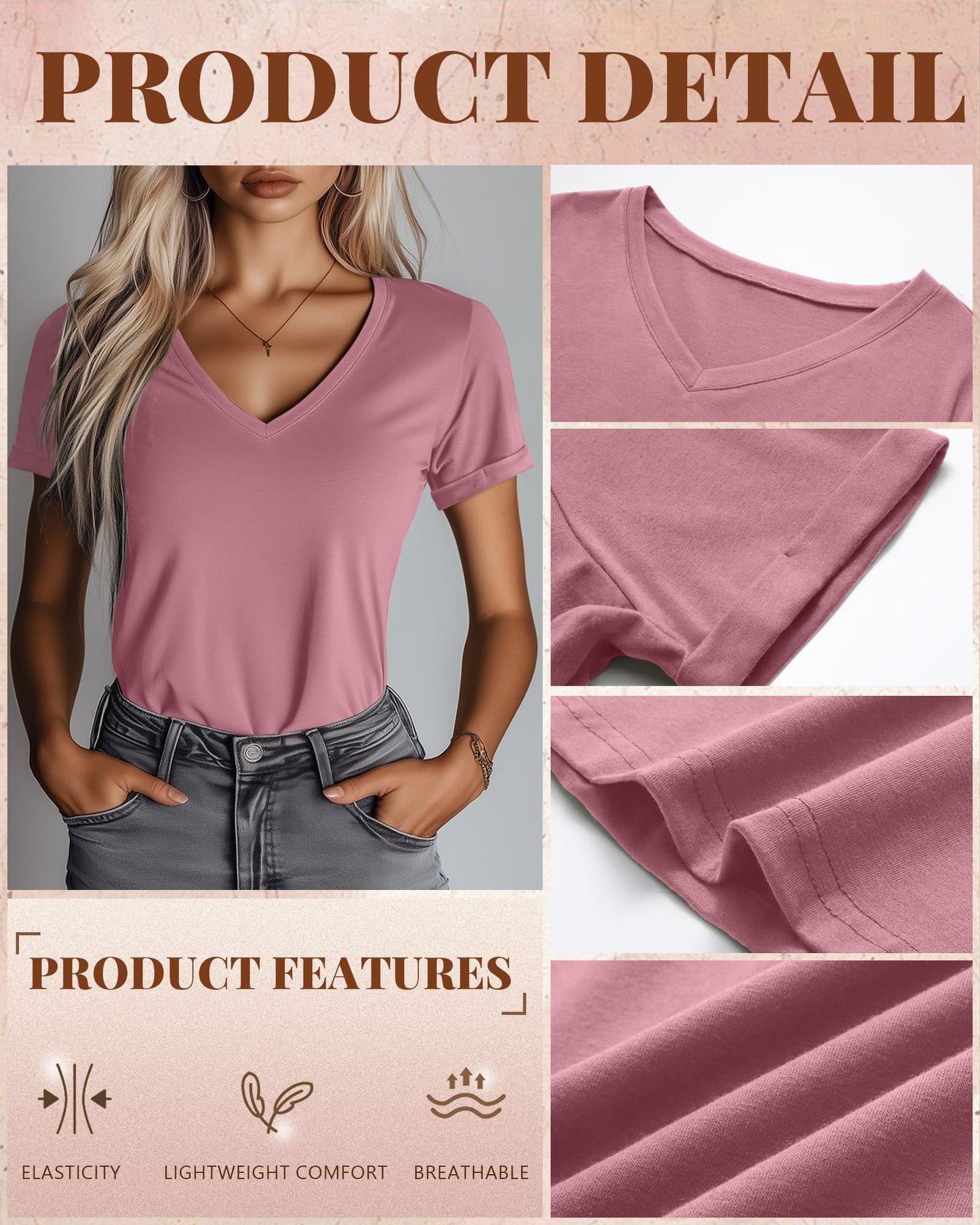 Ficerd 3 Pack Women's V Neck T Shirts, Summer Casual Short Sleeve Tops Loose Fit Rolled Sleeve Tees Trendy Shirts