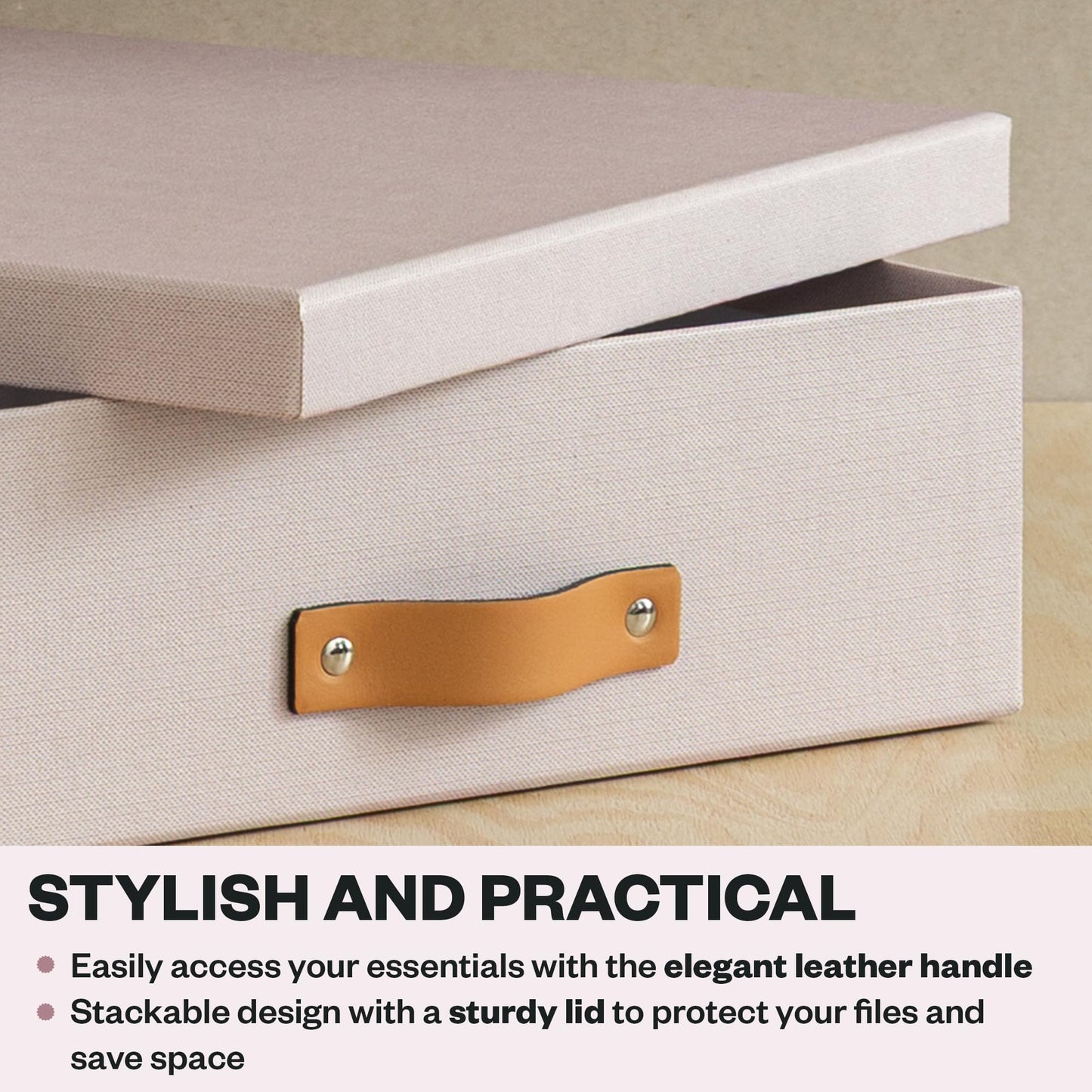 Bigso Oskar Fiberboard Document Storage Box with Lid for A4 and Letter Size Papers - Stylish, Sturdy, and Stackable Keepsake Box with Leather Handle - W10.2in x D13.8in x H3.3in - Pink Rose
