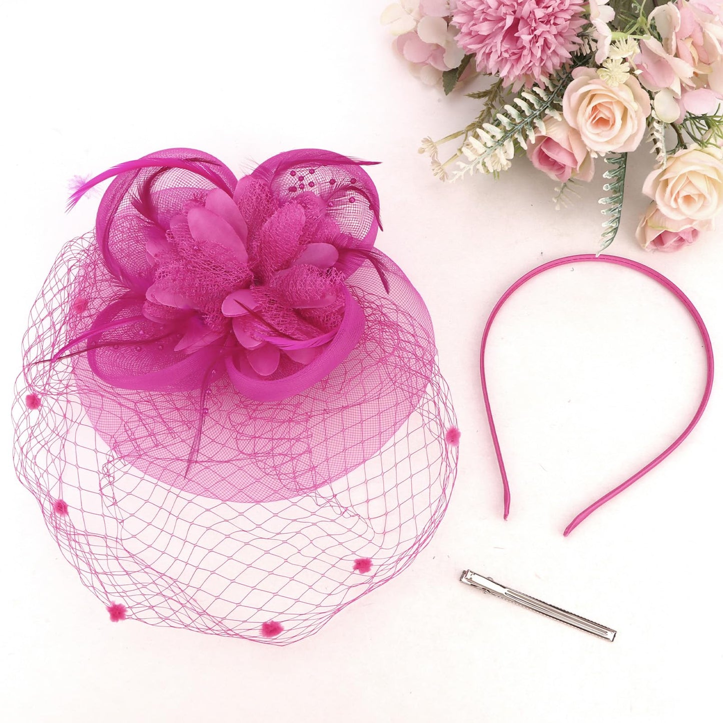 Semato Fascinators Hats for Women Mesh Feathers ElegantHot Pink Tea Party Kentucky Hat Derby Headband with Hair Clip