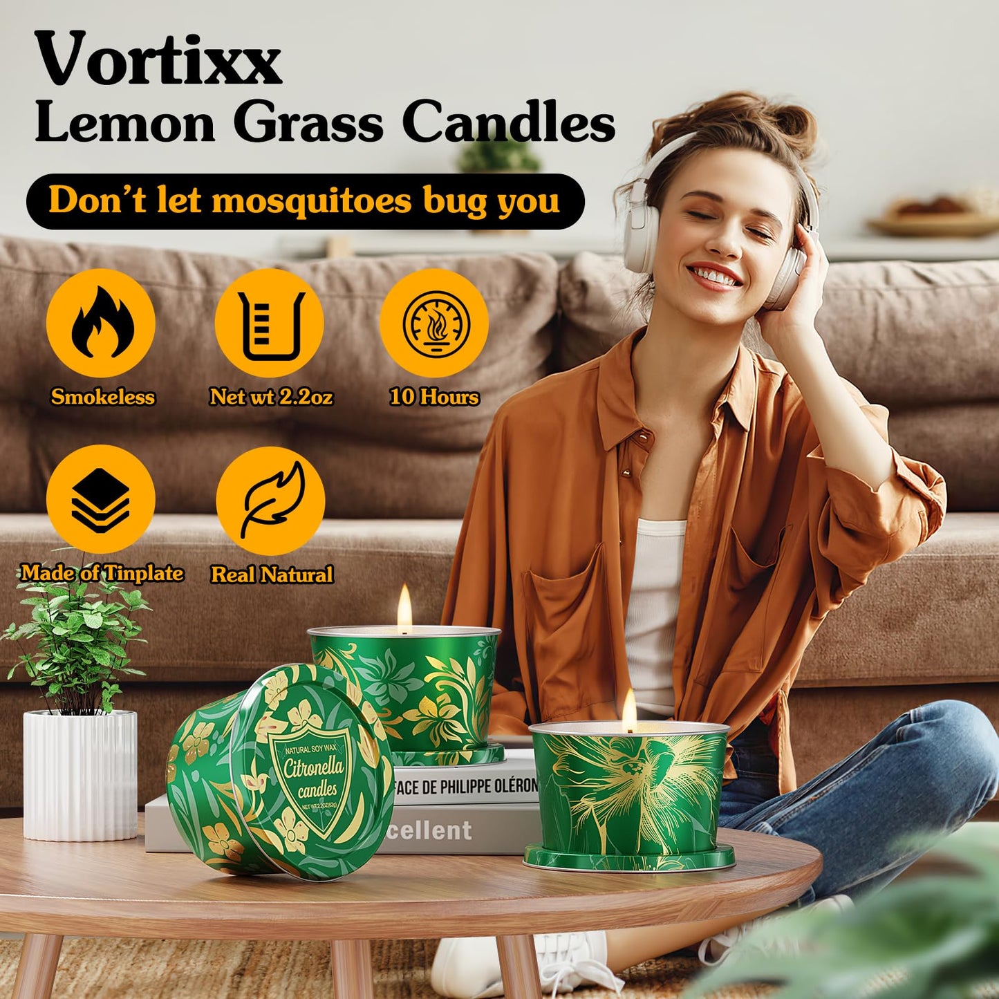 Citronella Candles Outdoor for Patio-3pcs Natural Soy Wax Portable Citronella Oil Candles in Decorative Tins, Long Lasting Summer Essentials for Camping, Backyard BBQ, Gardening & Outdoor Dining