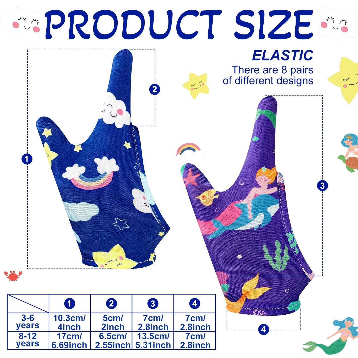 Janmercy 16 Pcs Thumb Sucking Stop for Kids Chewy Gloves Stop Breathable Thumb Guard for Nail Biting Gloves Cute Finger Sucking Stopper for Kids, 8 Style, 2 Finger(3-6 Years)