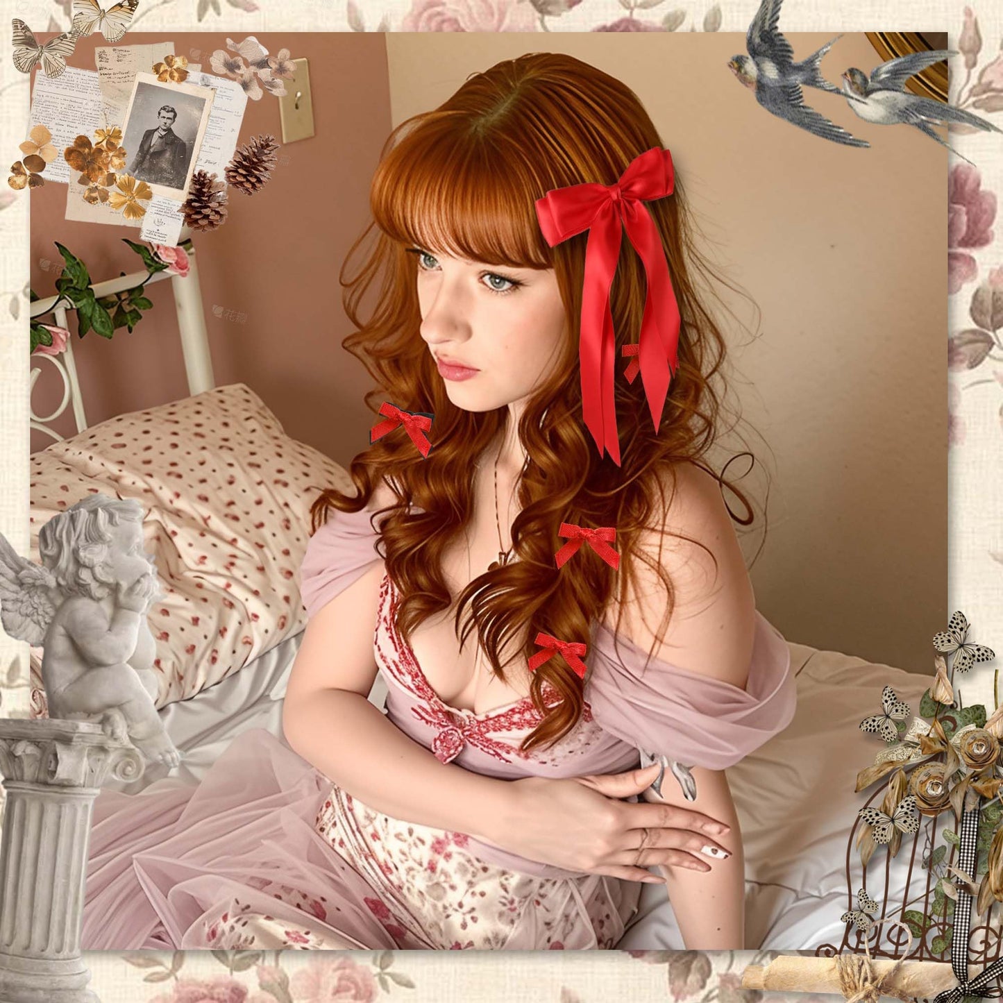 STGDAK Red Hair Bows For Girls Women Double Layer Ribbon Long Tails Elegant Bow Clips Mini Ribbon Bow Barrettes Small Bowknot Clip Valentine's Day Hair Accessories For Girls Women
